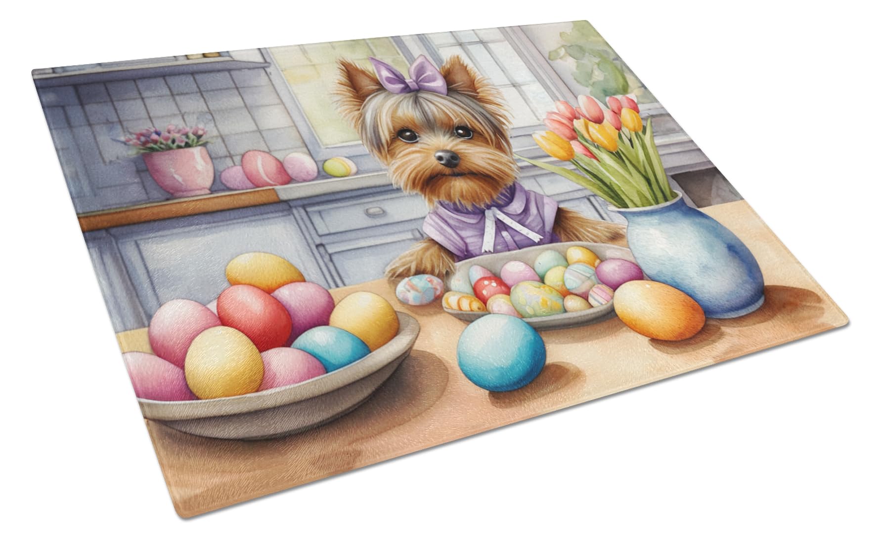 Carolines Treasures DAC6922LCB Decorating Easter Yorkshire Terrier Glass Cutting Board Decorative Tempered Glass Kitchen Cutting and Serving Board Large Size Chopping Board