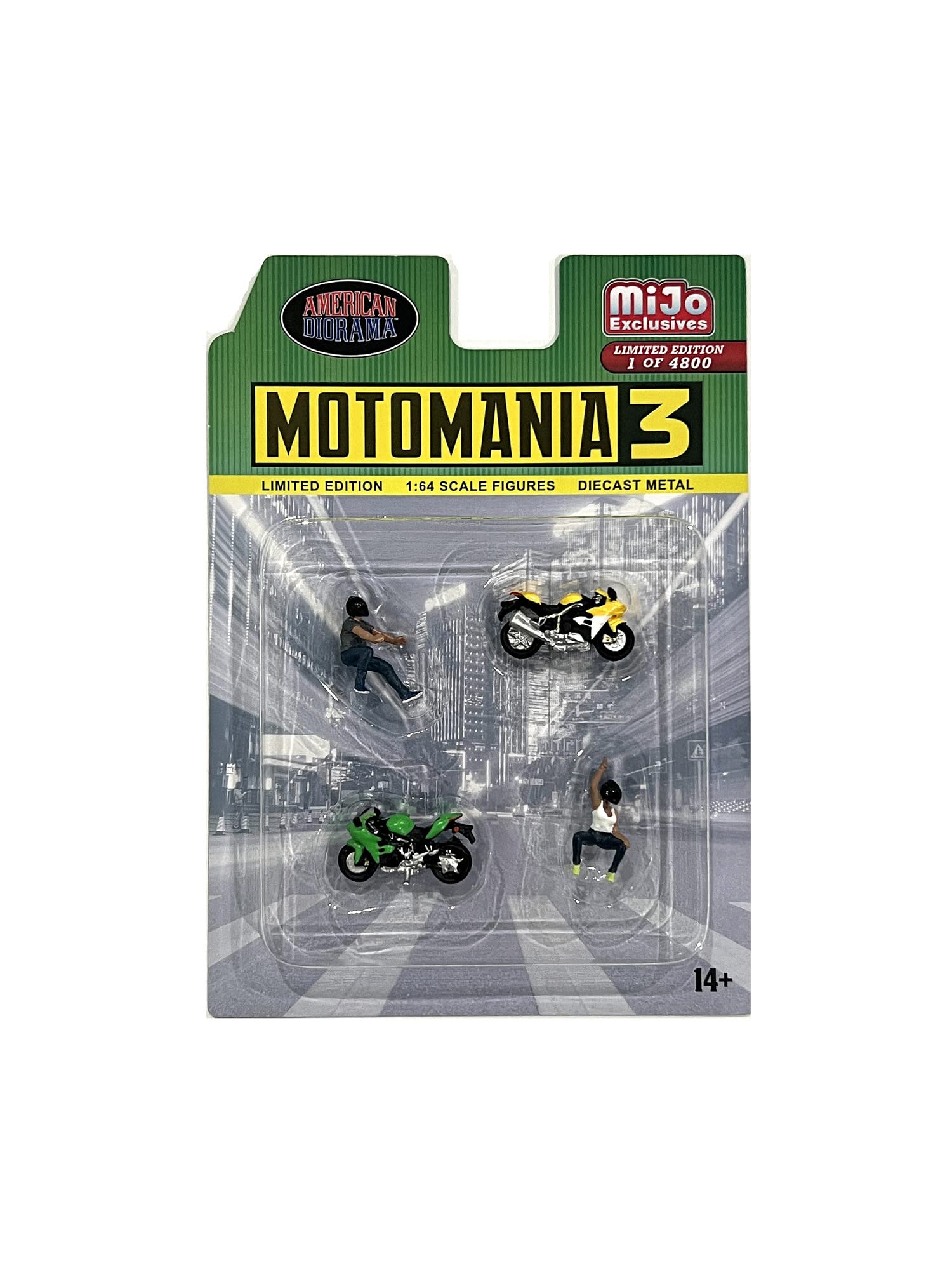 Motomania 3″ 4 piece Diecast Set (2 Figures and 2 Motorcycles) Limited Edition to 4800 pieces Worldwide for 1/64 Scale Models by American Diorama