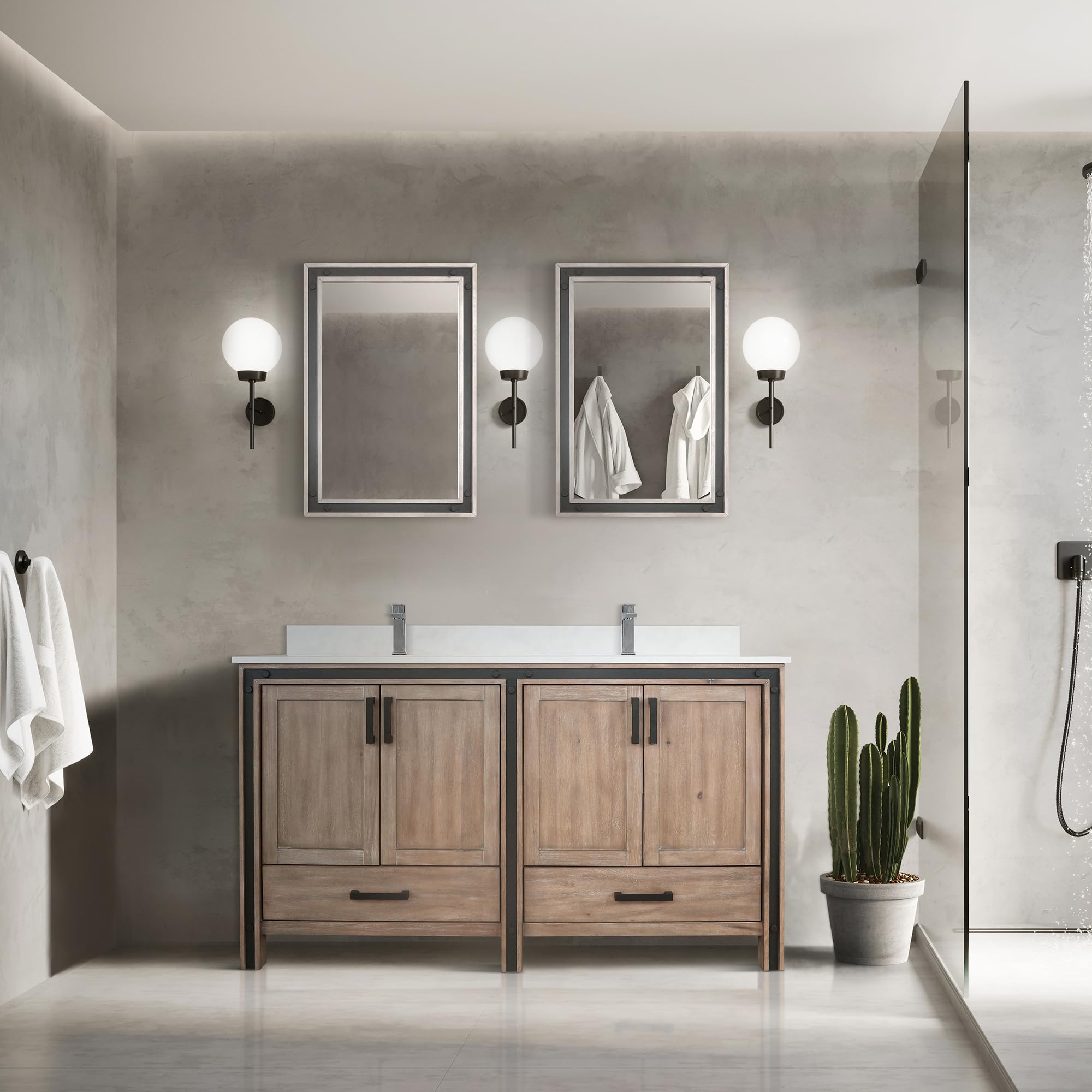 Rustic Barnwood Double Bath Vanity 60 in. W x 22 in. D, with White Quartz Top