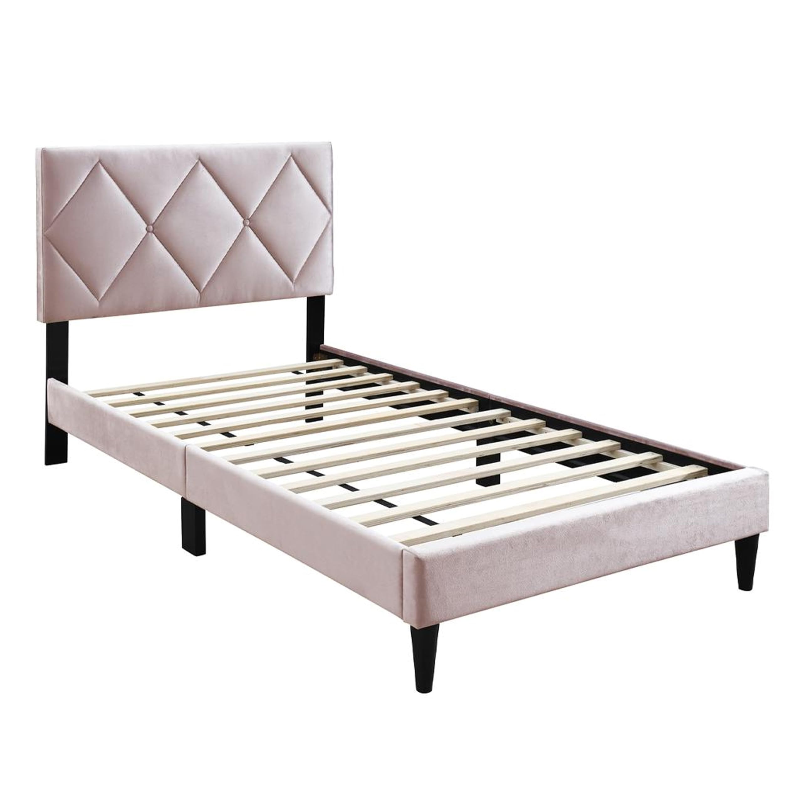 Lilian Full Bed, Tufted Light Pink Velvet Upholstery, Diamond Stitch