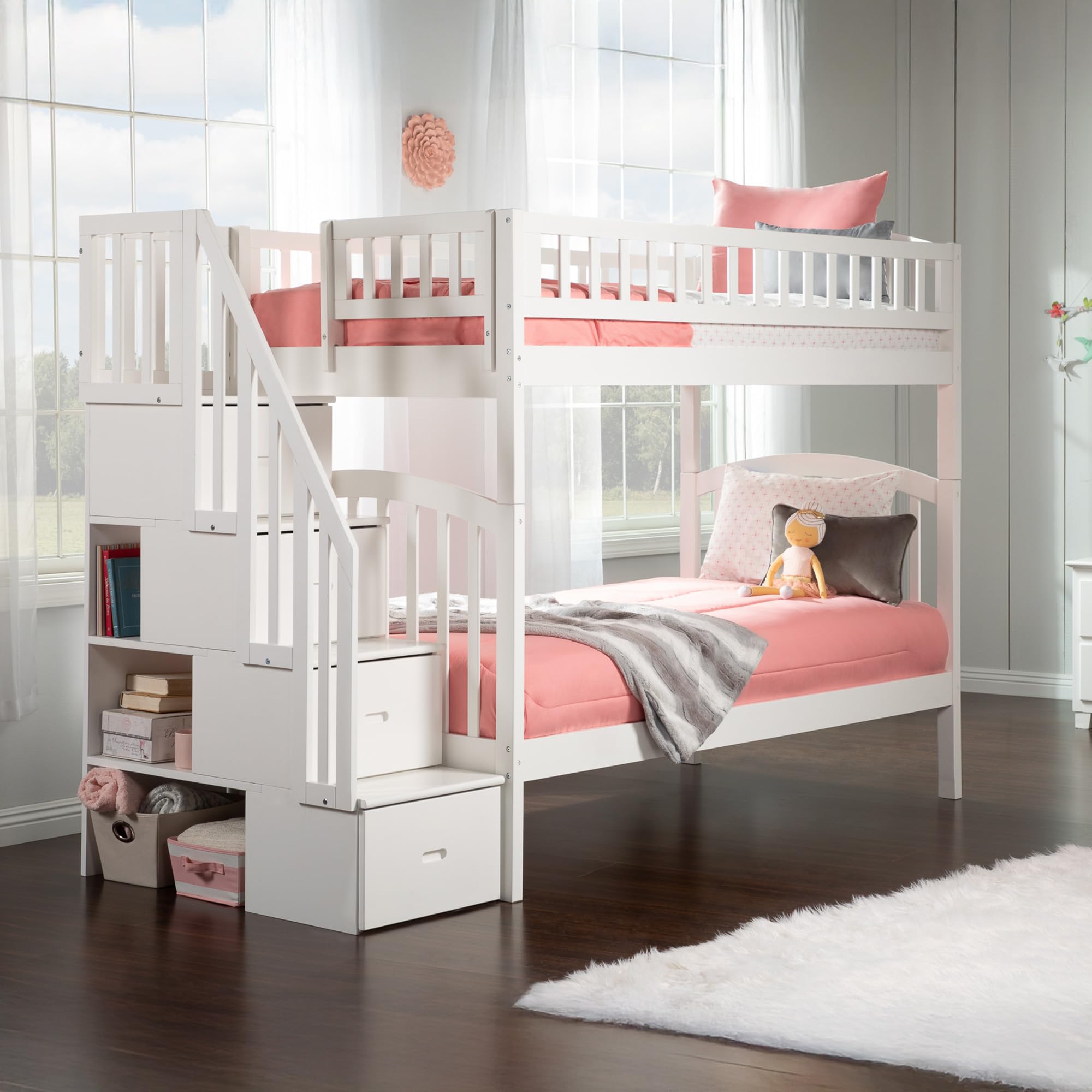 Westbrook Twin over Twin Solid Wood Staircase Bunk Bed in White