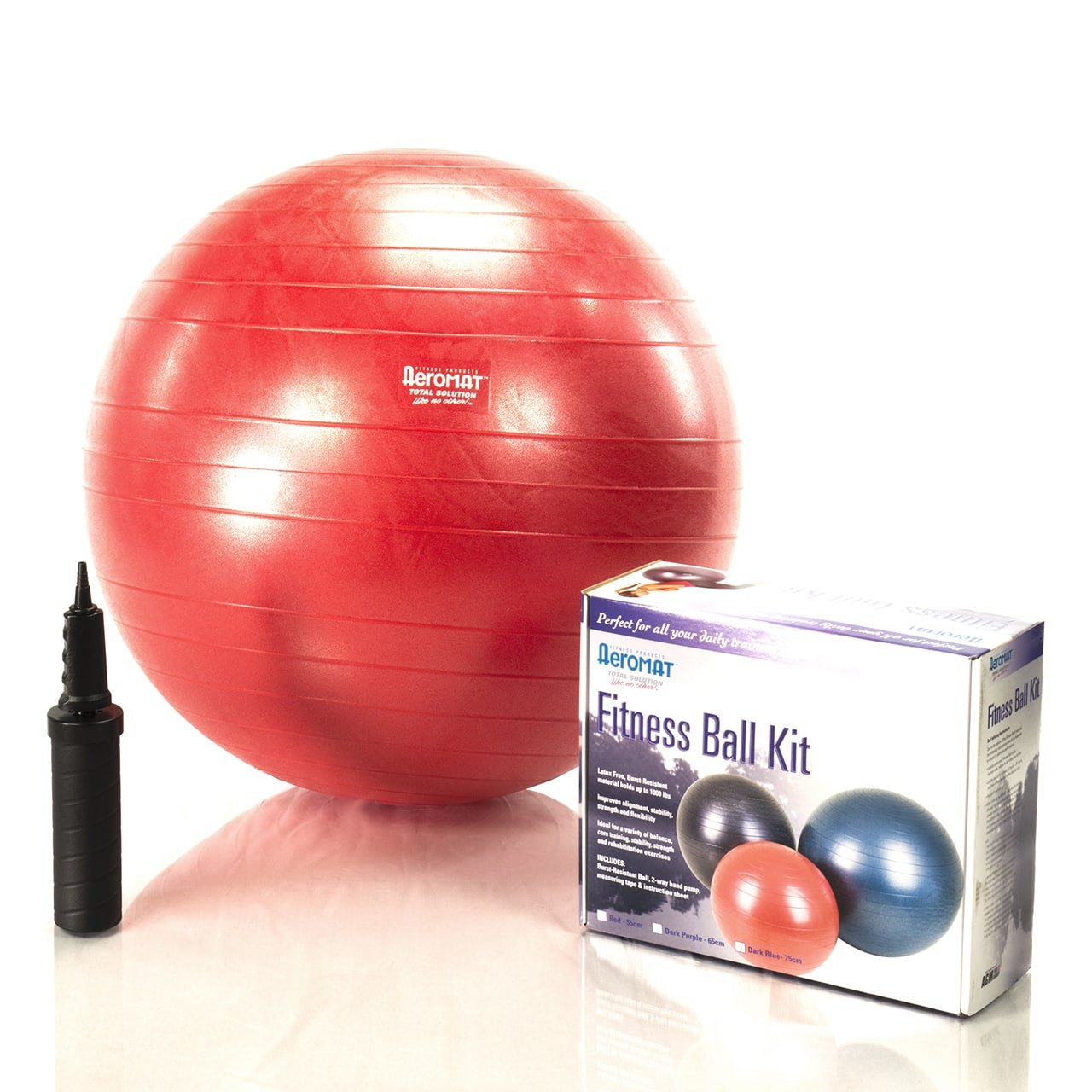 Aeromat Fitness Ball Kit. Color: Dark Purple, measurement tape, pump, instructi