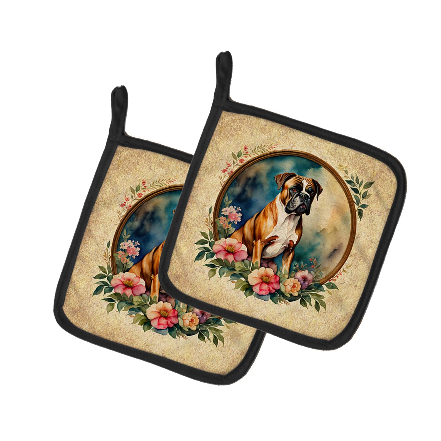 Boxer and Flowers Pair of Pot Holders