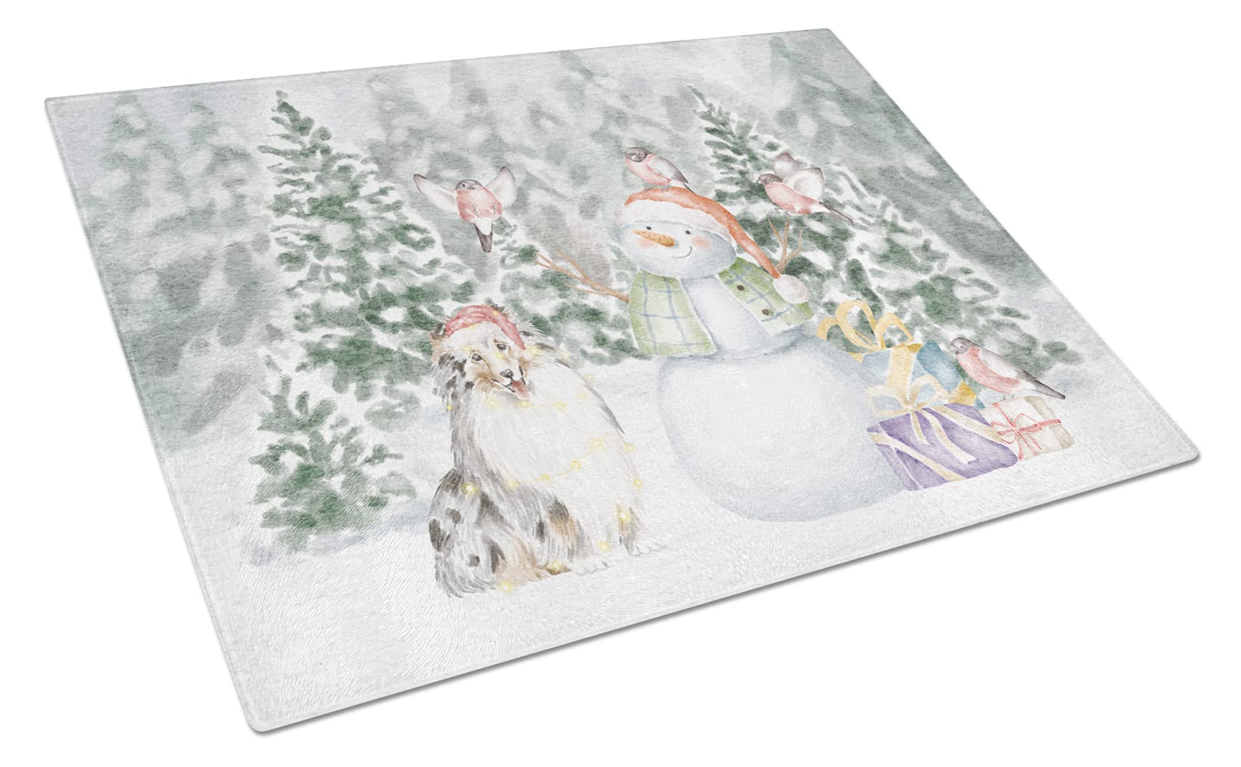Carolines Treasures CK8092LCB Sheltie/Shetland Sheepdog Blue Merle Snowman and Christmas Presents Glass Cutting Board Large Decorative Tempered Glass Kitchen Cutting and Serving Board Large Size Chop