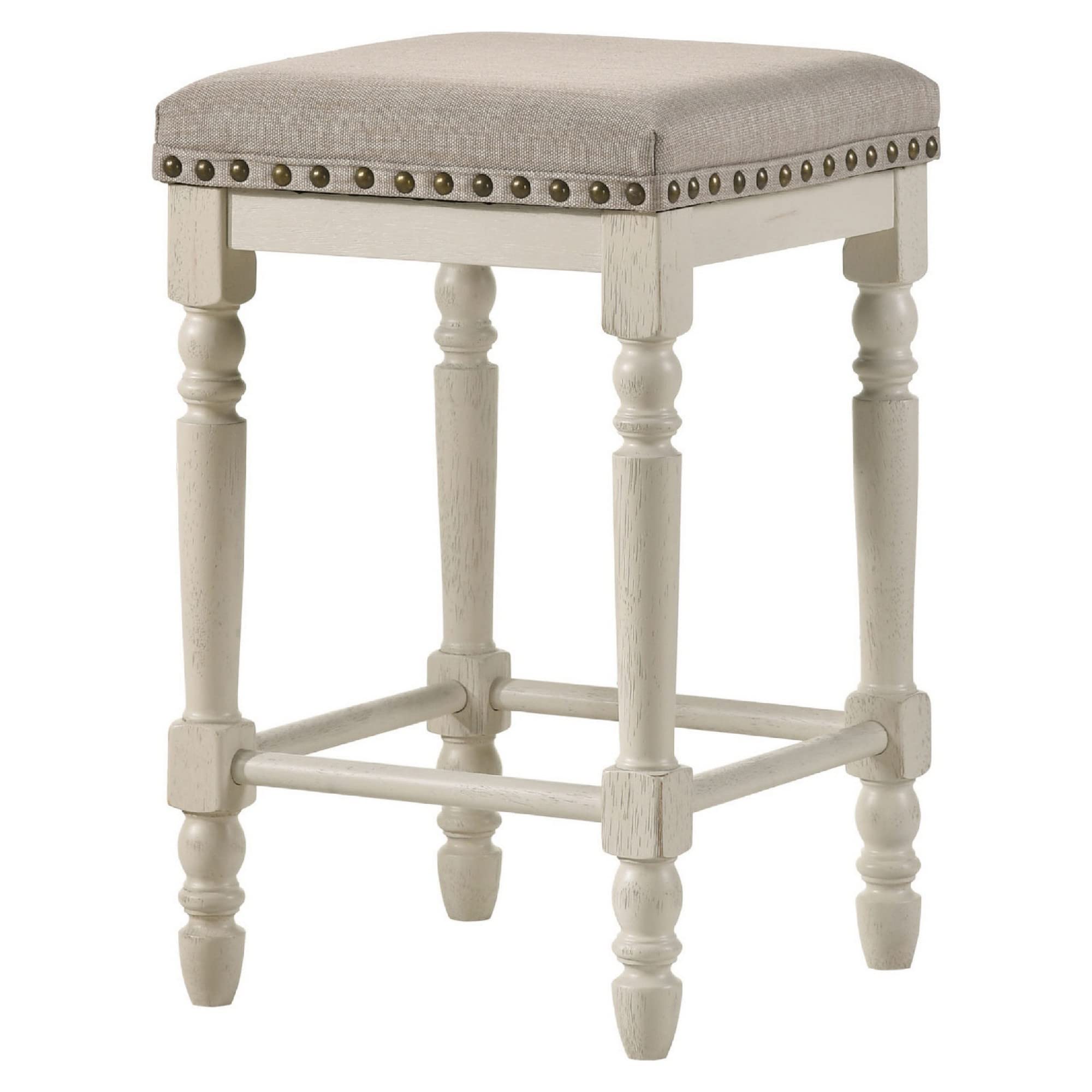 24 Inch Counter Height Stool, Luxe Nailhead Trim, Set of 2, Antique White