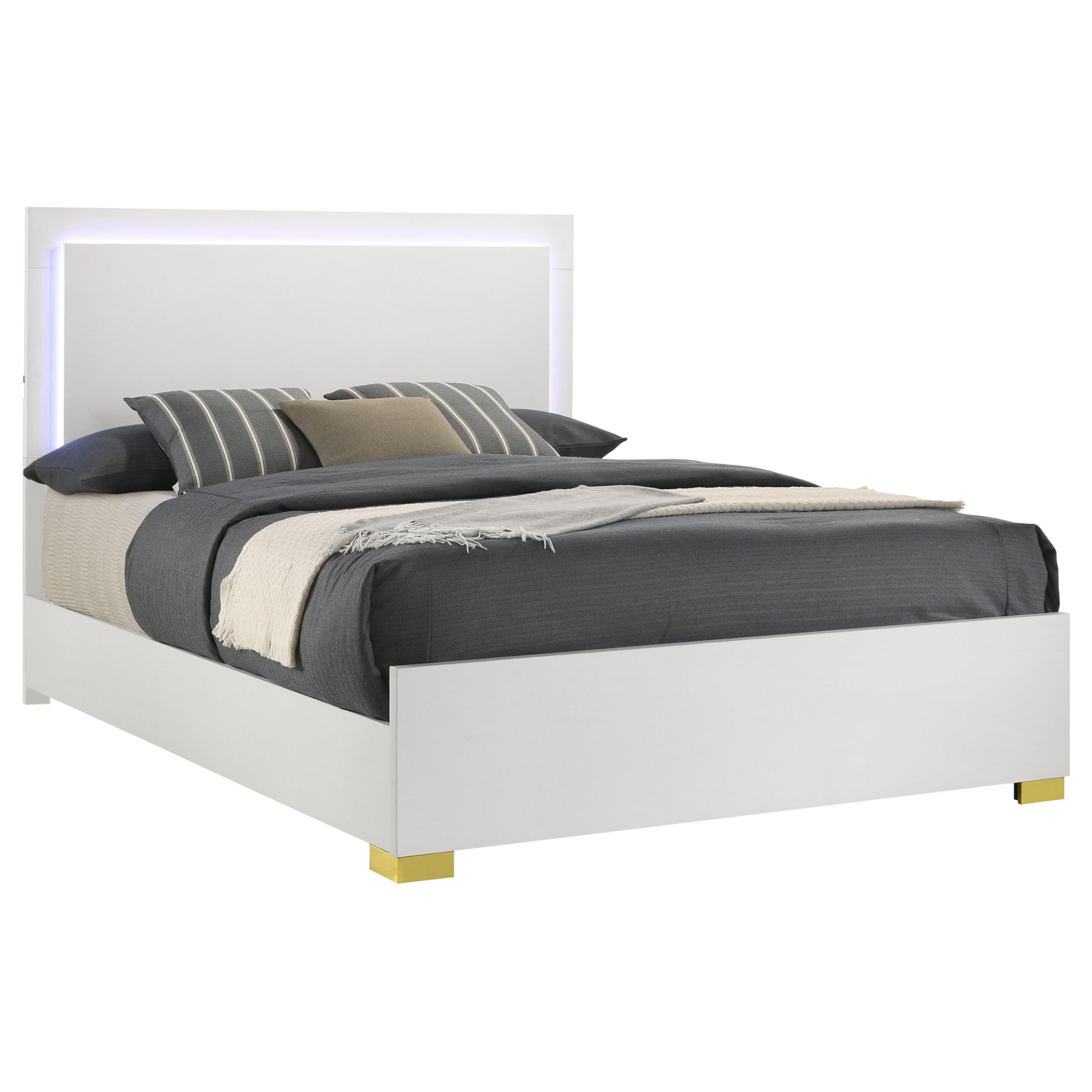 Dex Platform King Size Bed, Panel LED Headboard, White Wood Melamine Finish