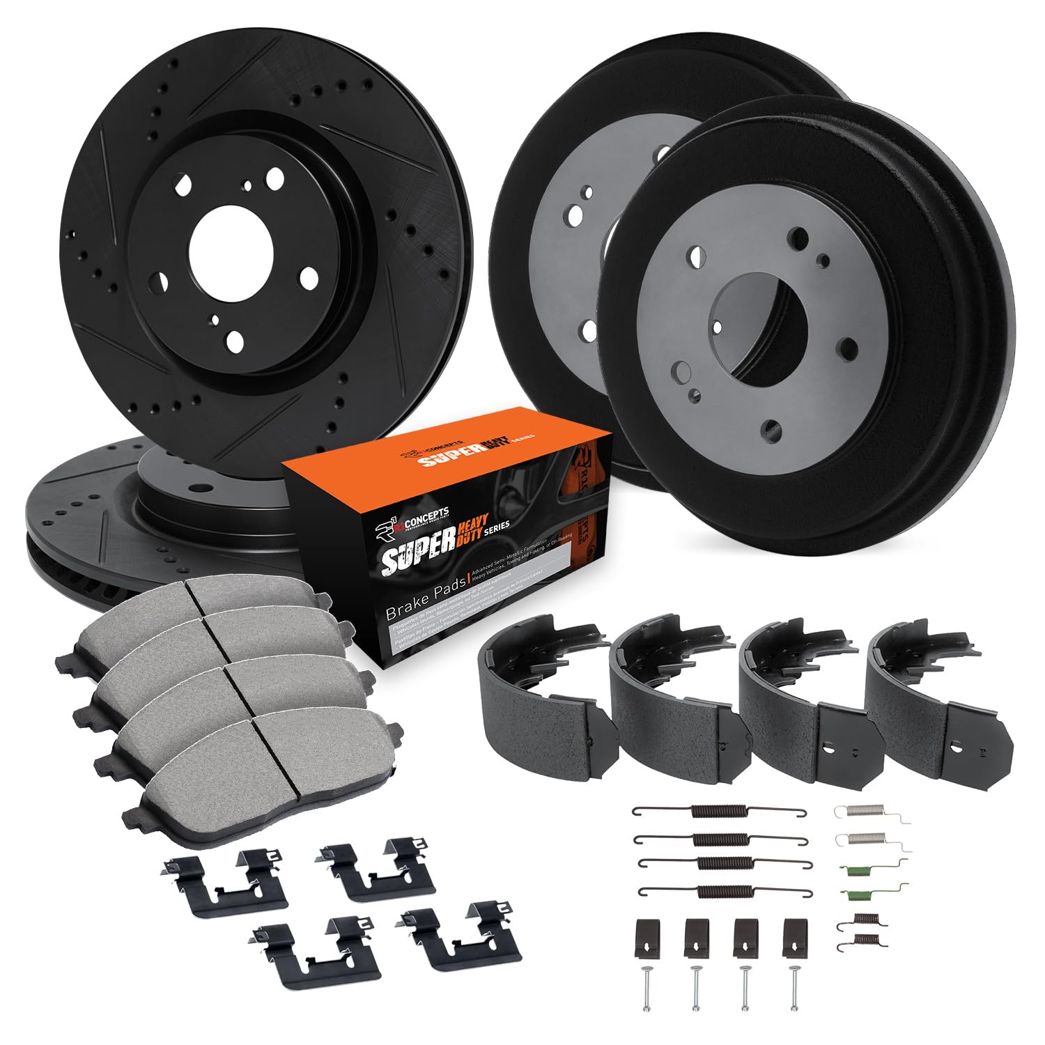 R1 Concepts Drilled and Slotted Black Disc Brake Rotor and Drum Set with Super Duty Pads, Shoes, and Hardware WHXH2-54335