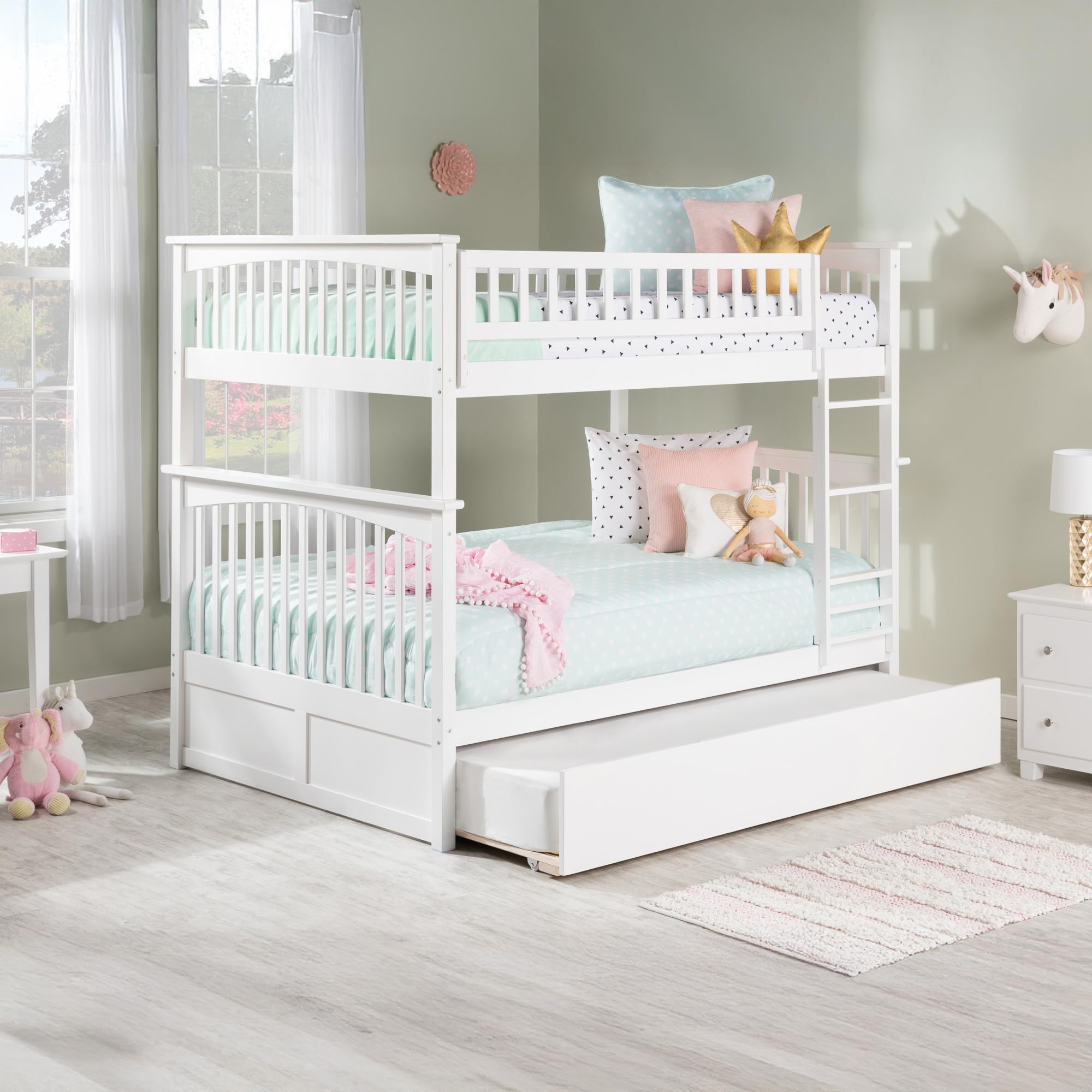 Columbia Full over Full Solid Wood Ladder Bunk Bed with Twin Trundle Bed in White