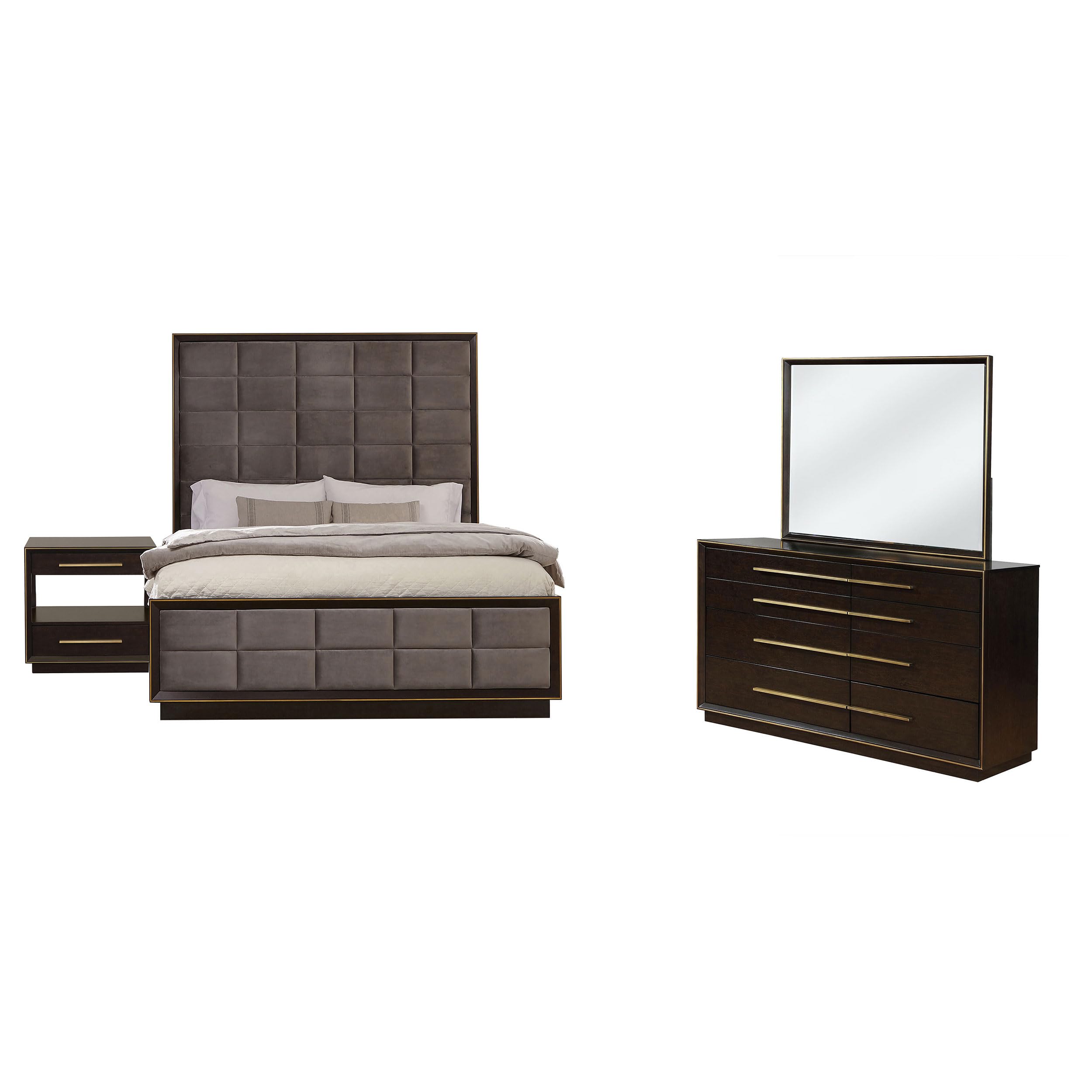 Lyni 4pc Tall Tall Queen Bedroom Set, Gold Accents, Gray Upholstery