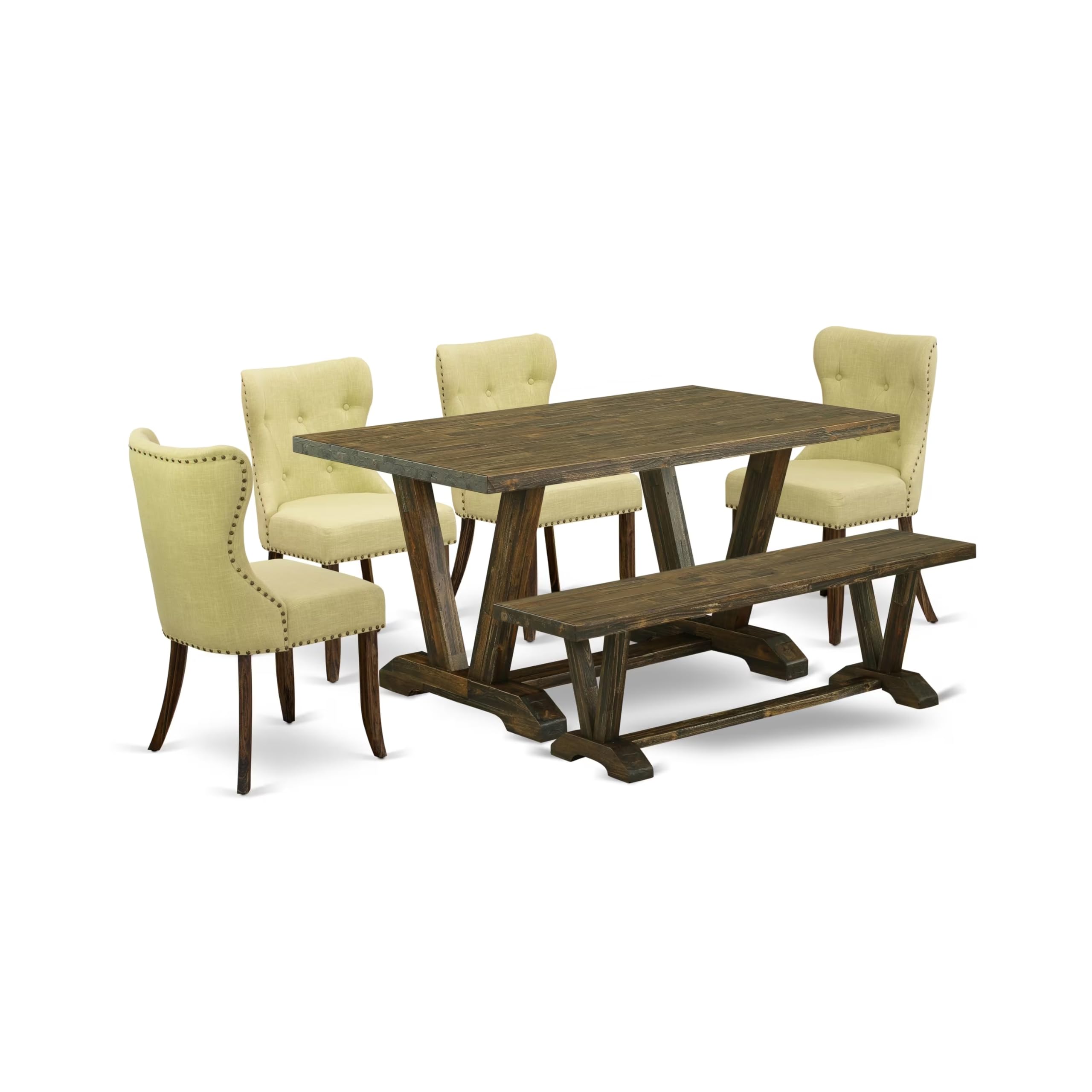 East West Furniture V776SI737-6 6-Pc Kitchen Dining Set- 4 Dining Chairs with Limelight Linen Fabric Seat and Button Tufted Chair Back - Rectangular Top & Wooden Legs Dining Table and Dining Room Bench - Distressed Jacobean Finish