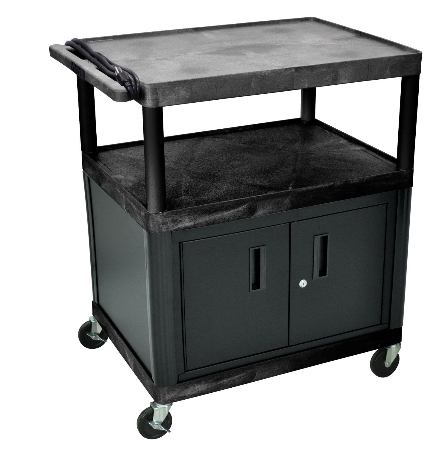 Luxor Endura Black 3 Shelf Presentation Cart W/ Cabinet 40 1/4″ H