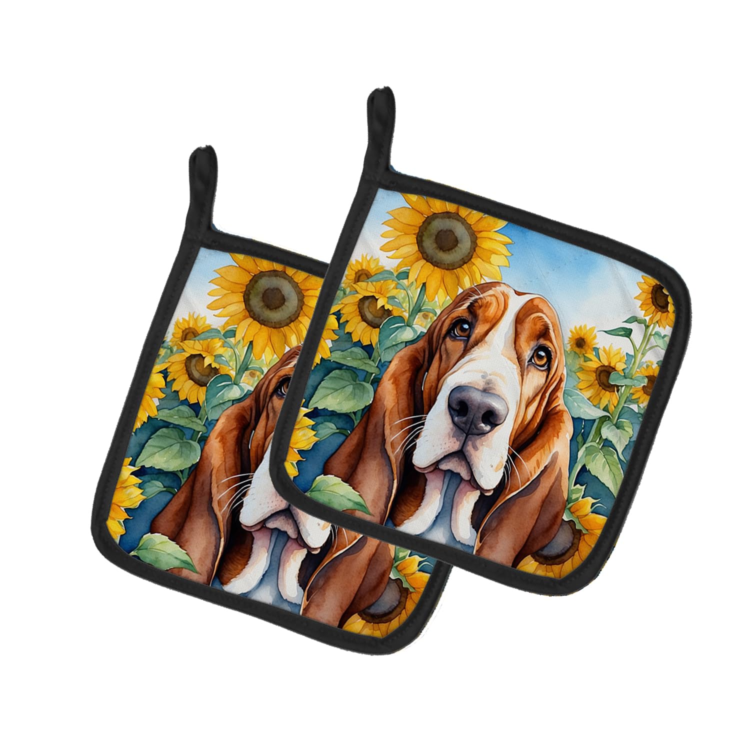 Basset Hound in Sunflowers Pair of Pot Holders