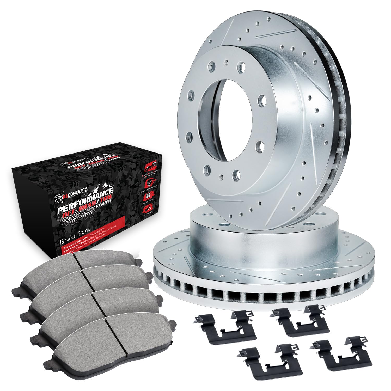 R1 Concepts Drilled and Slotted Silver Disc Brake Rotor Set with Off-Road/Tow Brake Pads and Hardware WGVH1-48027