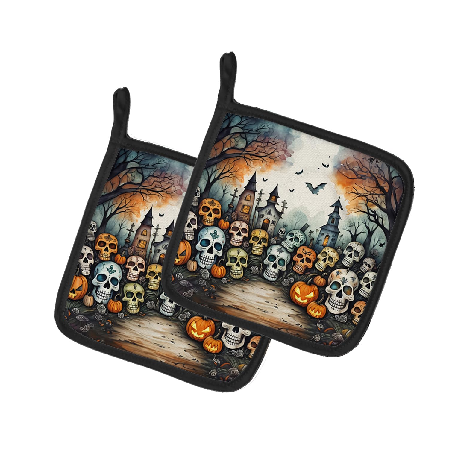 Calaveras Sugar Skulls Spooky Halloween Pair of Pot Holders