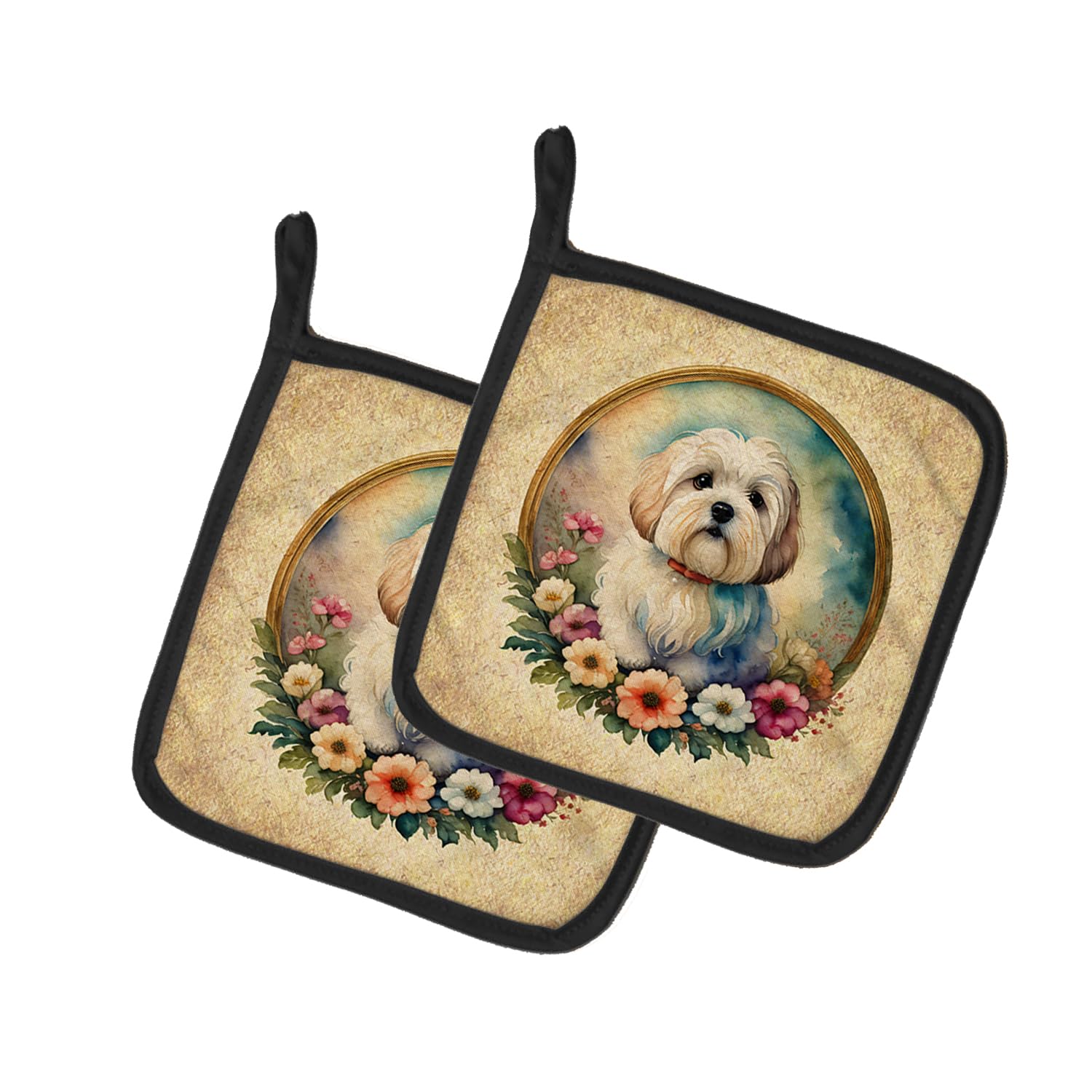 Coton De Tulear and Flowers Pair of Pot Holders