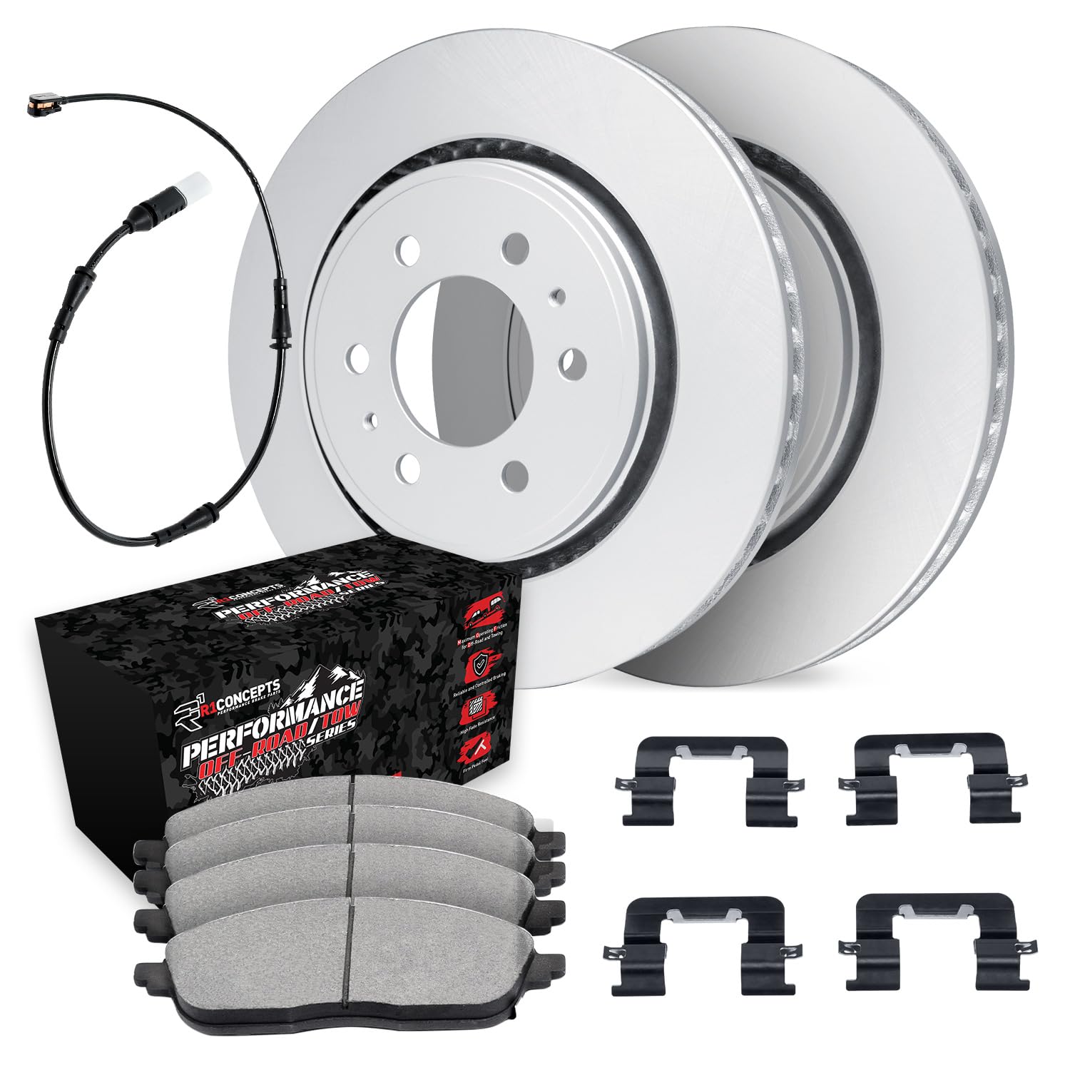 R1 Concepts Carbon Coated Disc Brake Rotor Set with Off-Road/Tow Brake Pads, Sensor, and Hardware WDVS1-47001