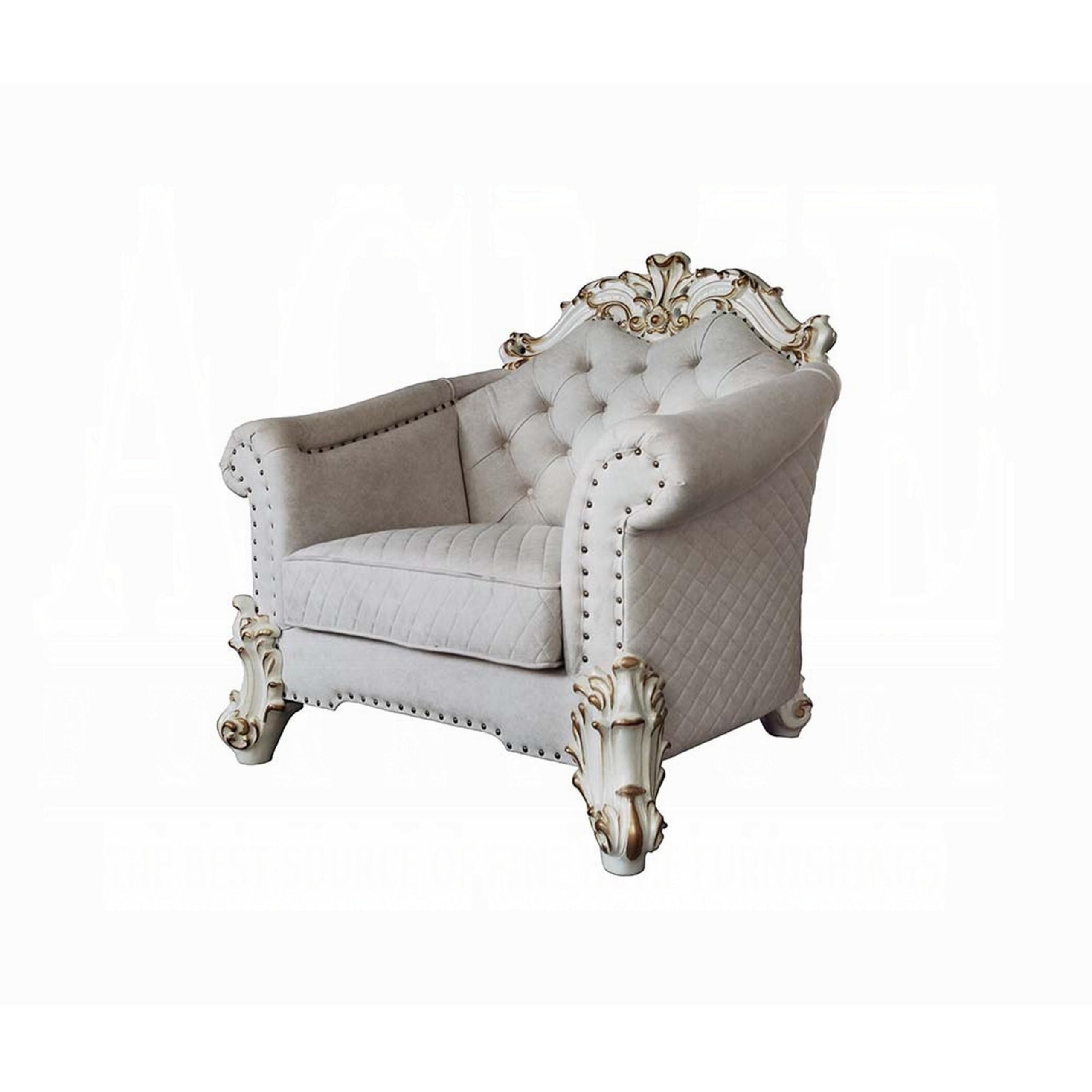 Antoine Accent Chair, 2 Pillows, Tufted Ivory, Antique Pearl White