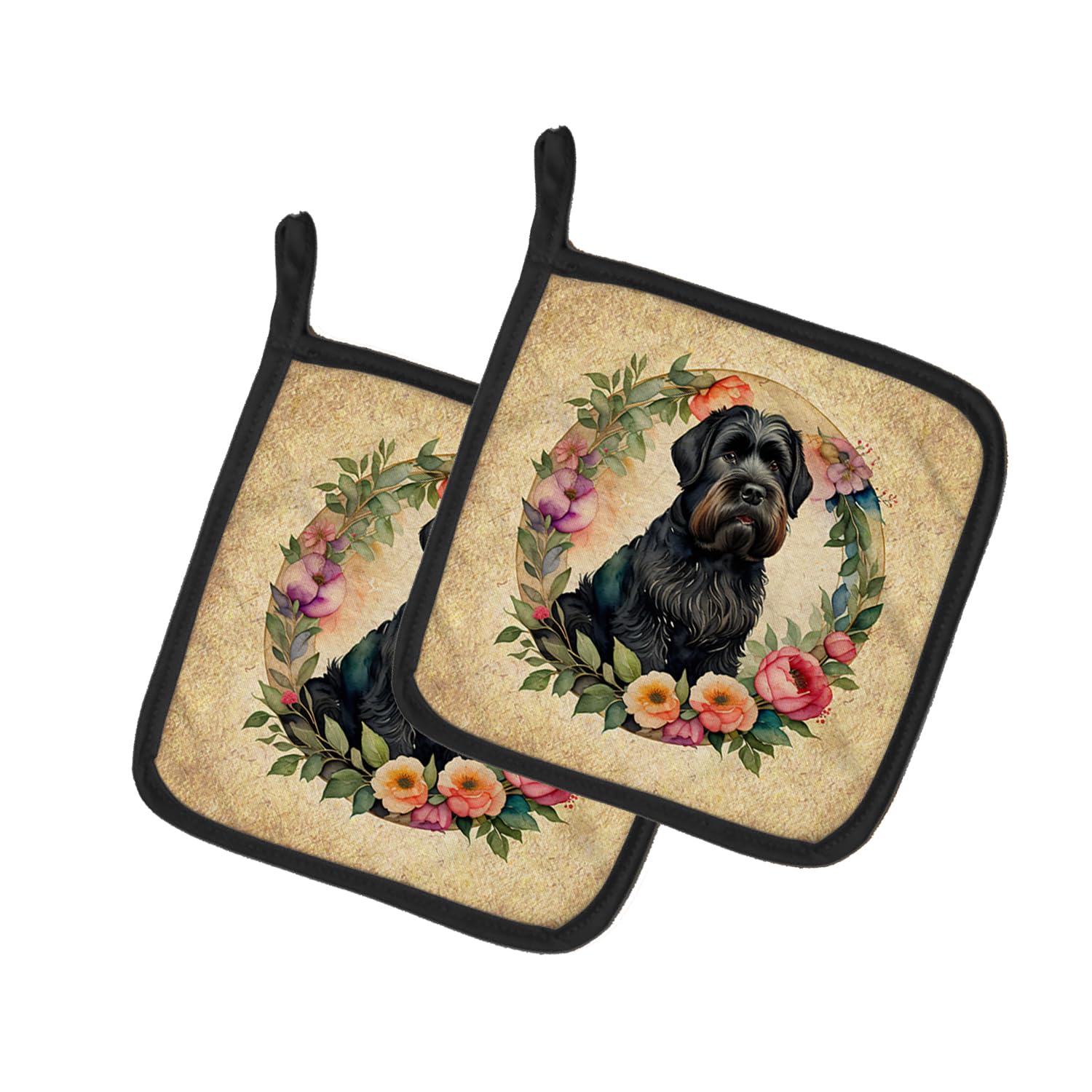 Black Russian Terrier and Flowers Pair of Pot Holders