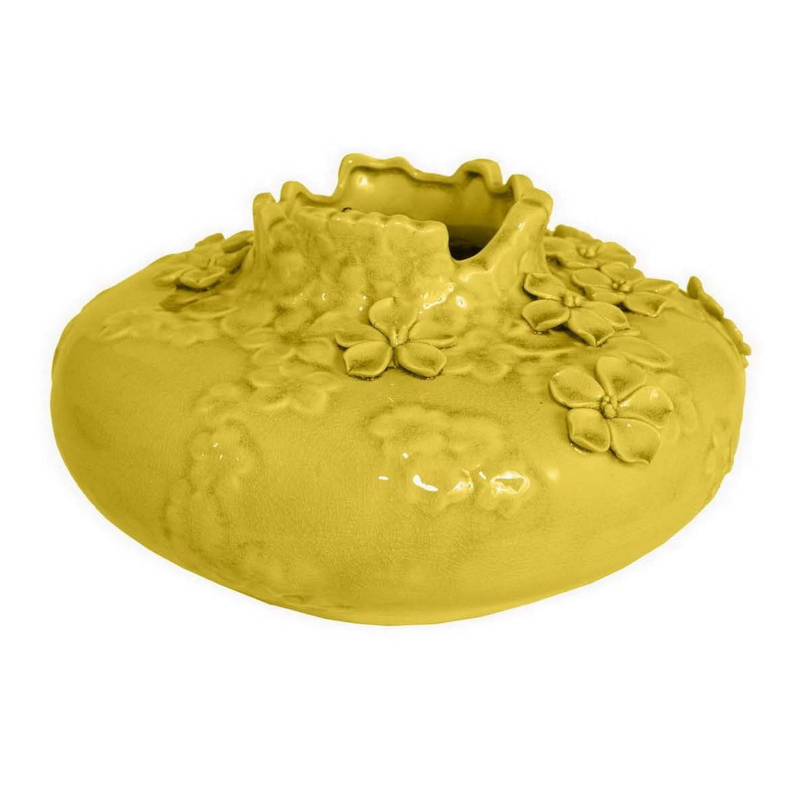 Remi Flower Vase, Decorative Yellow Ceramic w Floral Motifs, 12 Inch