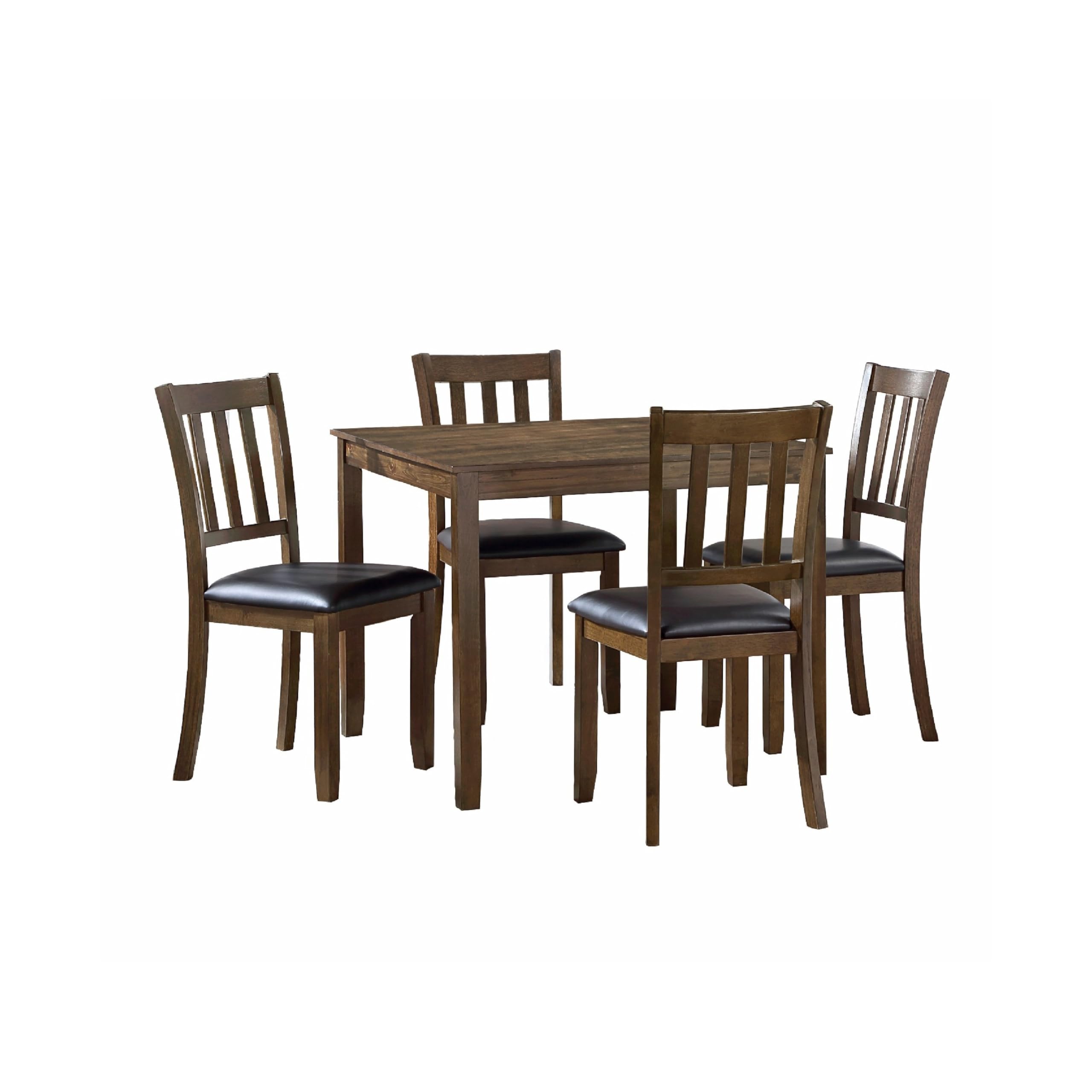 Nova 5pc Square Dining Table Set, 4 Slat Back Faux Leather Chairs, Brown
