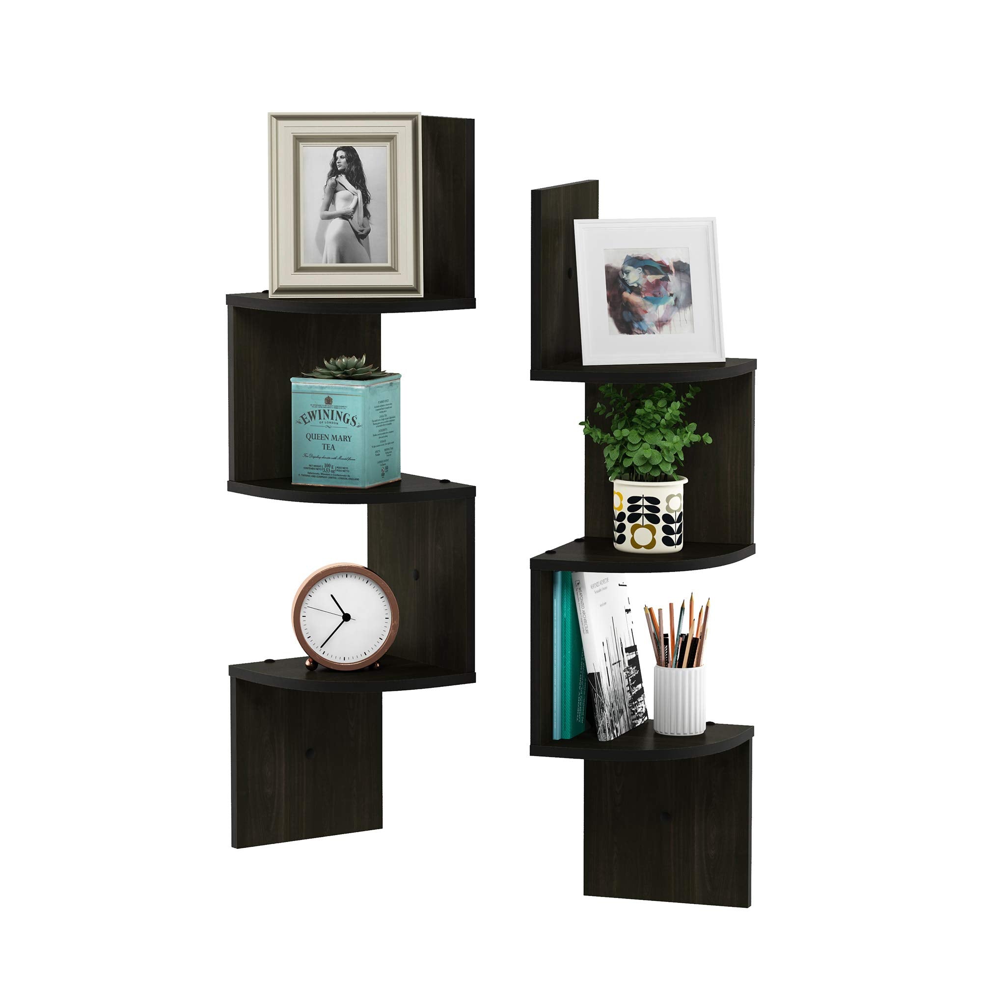 Furinno 3 Tier Wall Mount Floating Corner Radial Shelf, Set of 2, Espresso