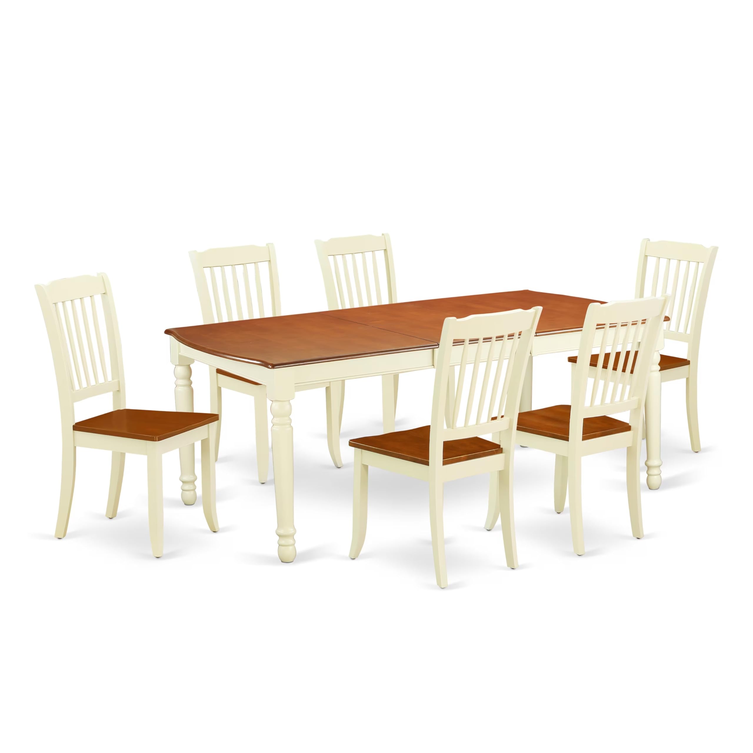 DODA7-BMK-W 7PC Rectangular 60/78 inch Table with 18 In Leaf and 6 vertical slatted Chairs