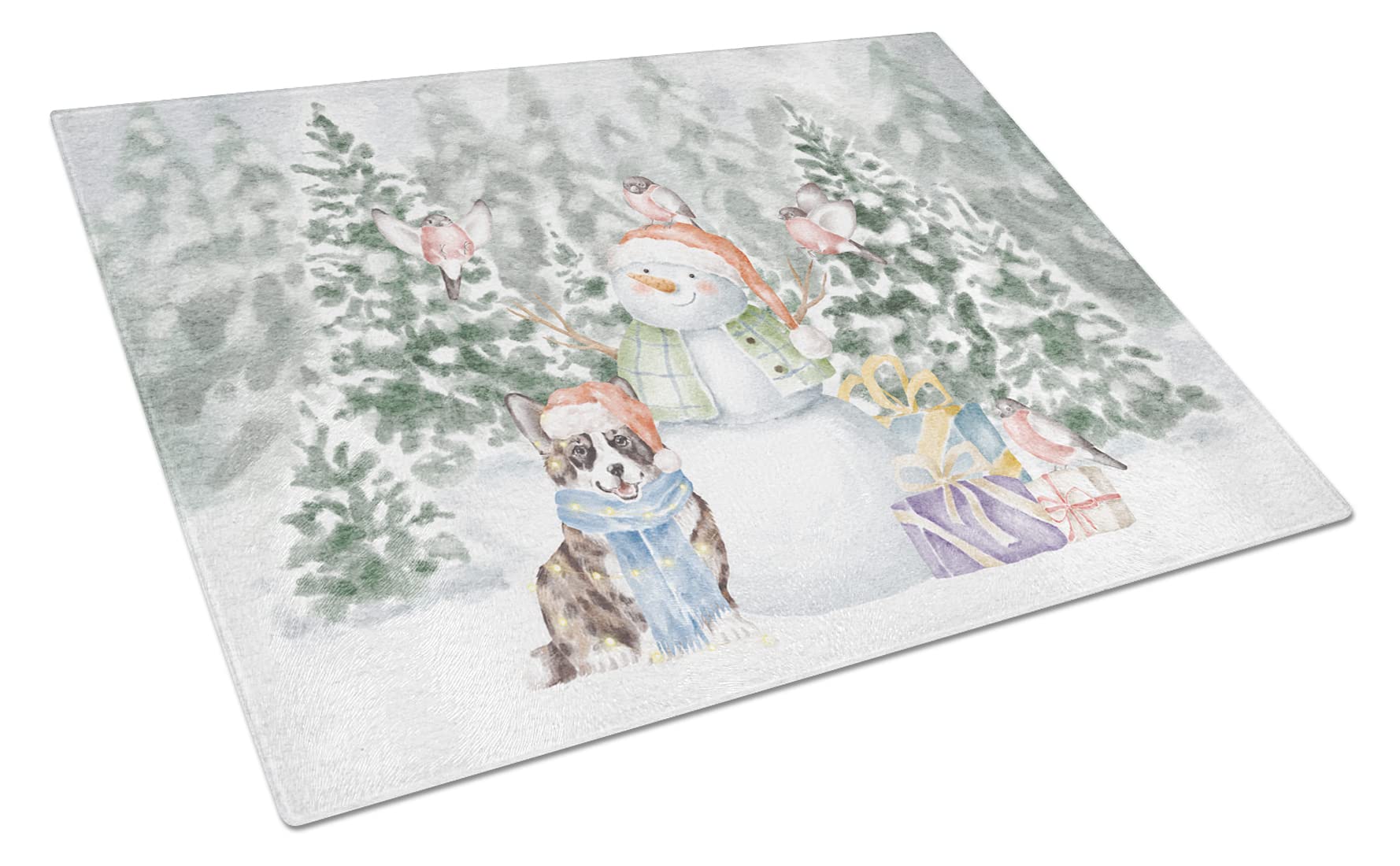 Carolines Treasures CK8035LCB Corgi Blue Merle and Tan Points Snowman and Christmas Presents Glass Cutting Board Large Decorative Tempered Glass Kitchen Cutting and Serving Board Large Size Chopping