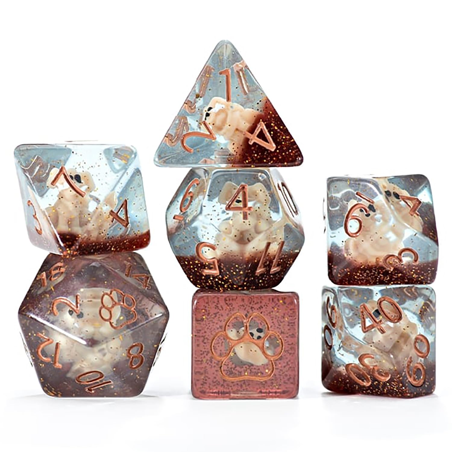 Gate Keeper Games and Dice: Inclusion Dice: Puppy Dice - 7pc RPG Set, Tan Puppy in Clear Resin w/ Brown Glitter, 7 Resin Dice for Role Playing Games