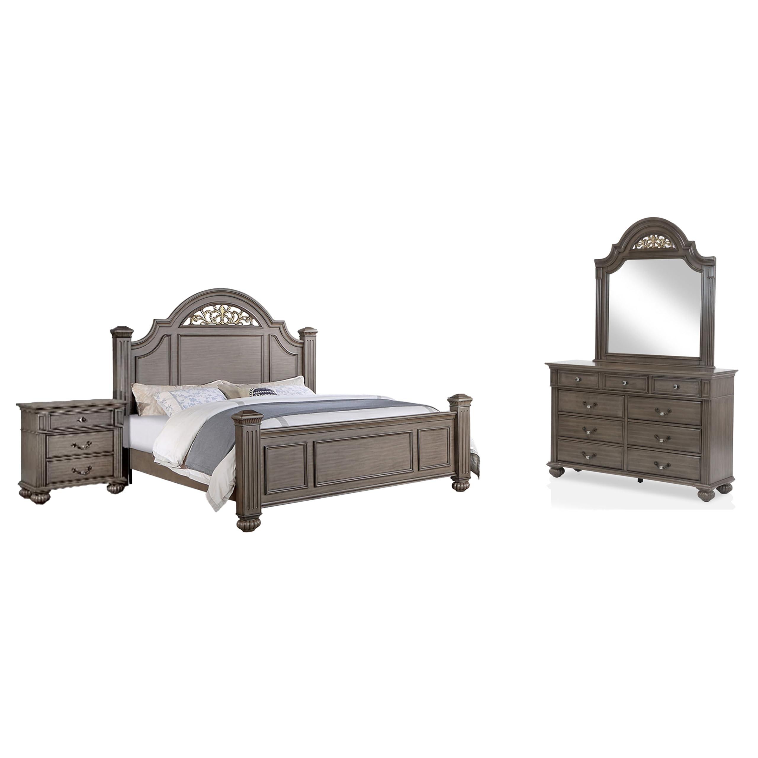 Recus 4pc Queen Bedroom Set with Carved Floral Details, Gray Wood
