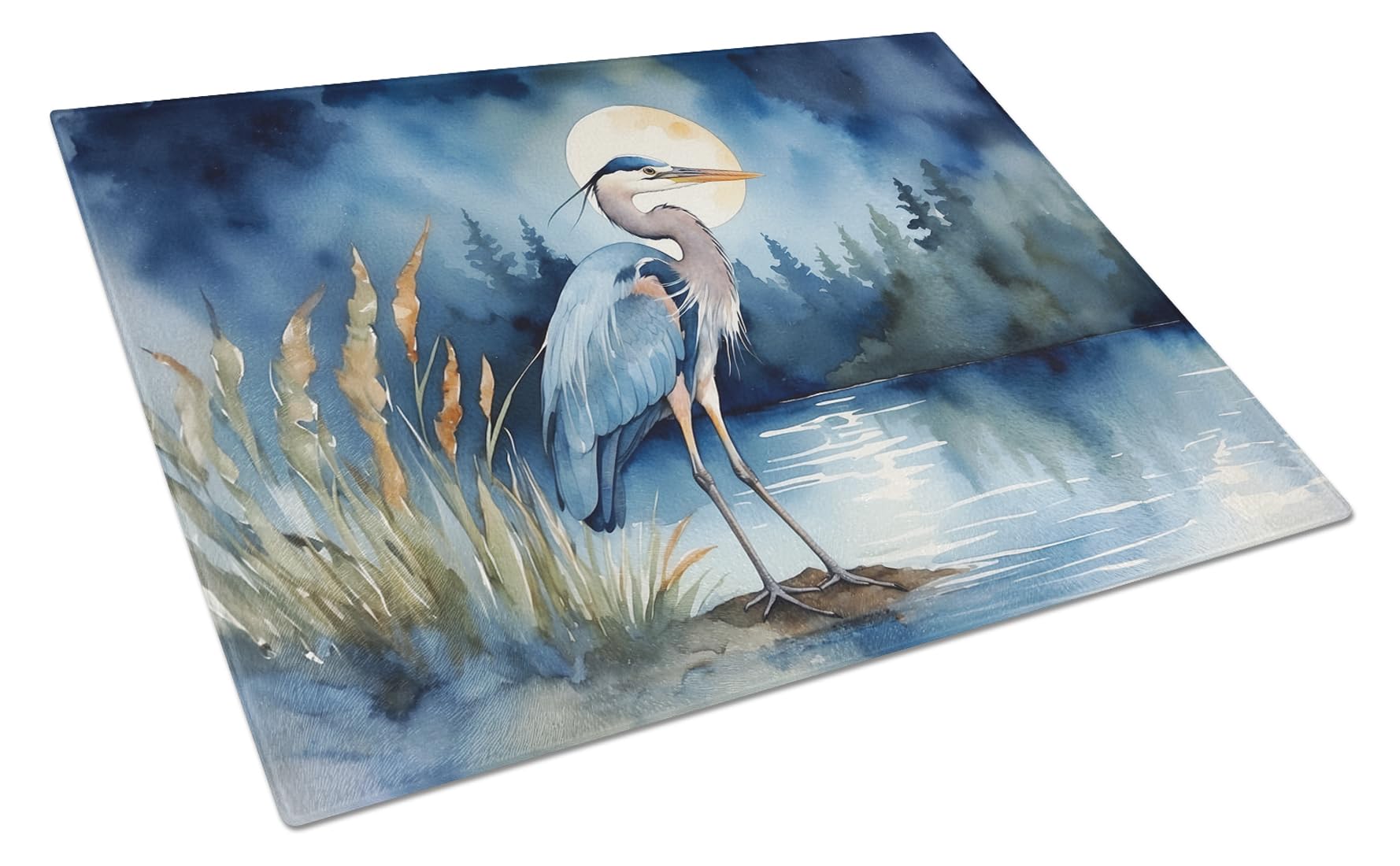 Carolines Treasures Blue Heron Under the Moonlight Glass Cutting Board Decorative Tempered Glass Kitchen Cutting and Serving Board Large Size Chopping Board
