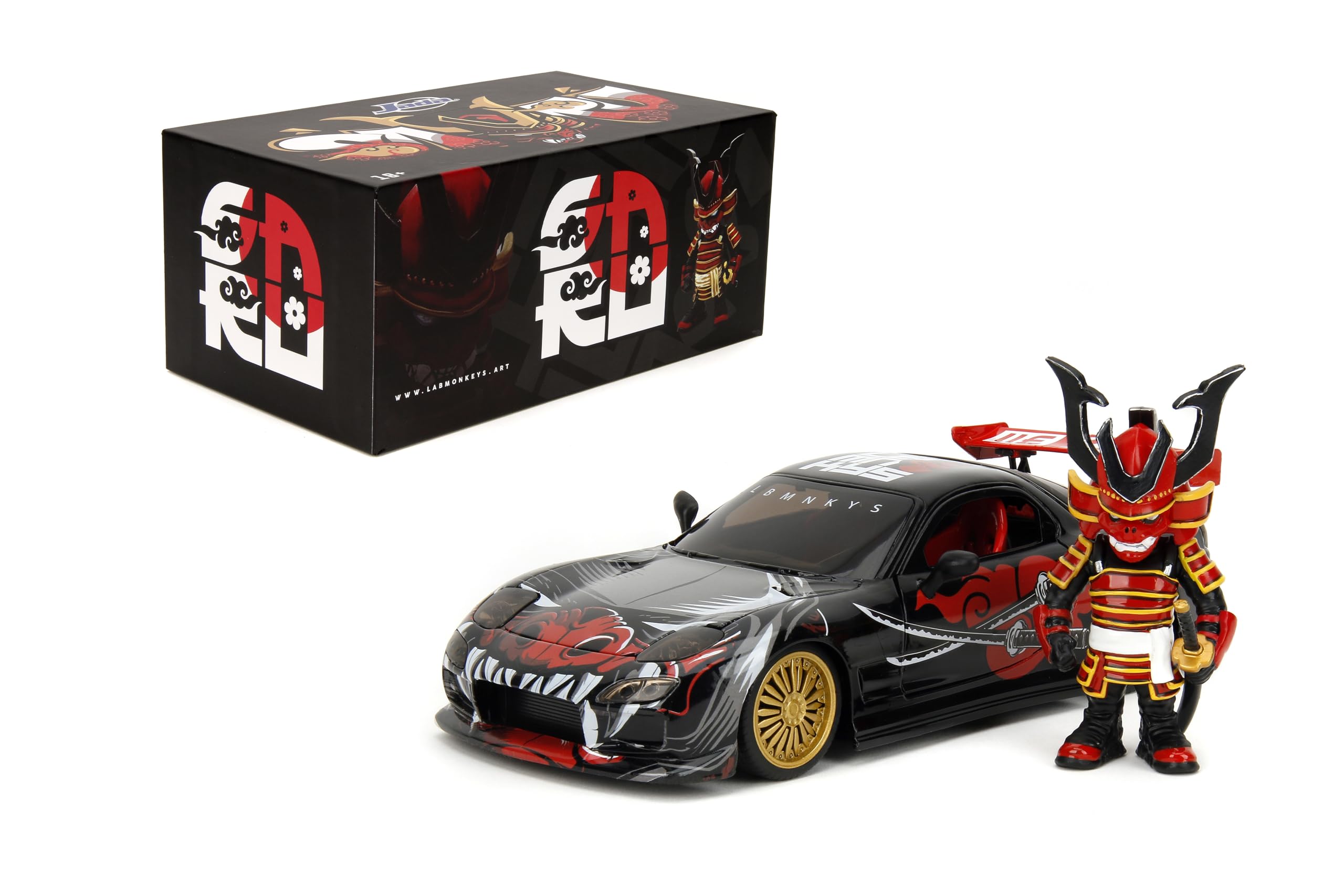 1993 Mazda RX-7 Black with Graphics Lab Monkeys with Saru Diecast Figure ?Hollywood Rides? Series 1/24 Diecast Model Car by Jada
