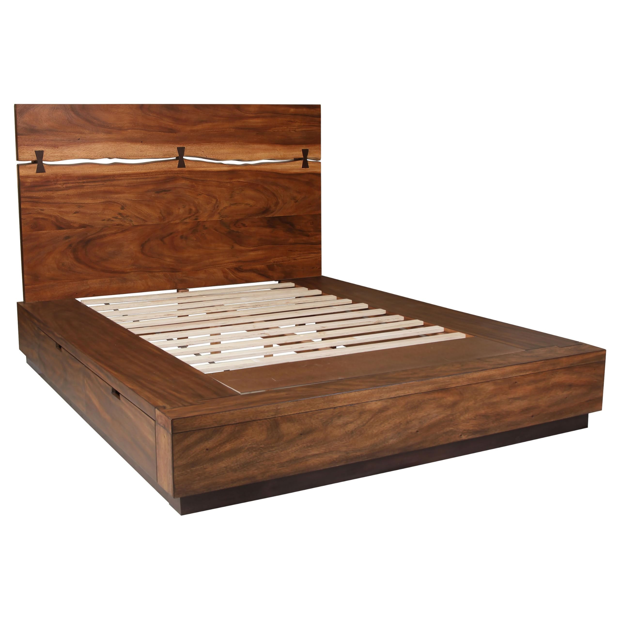 Zeko King Size Storage Bed, Live Edge Panel Headboard, Walnut Brown Wood