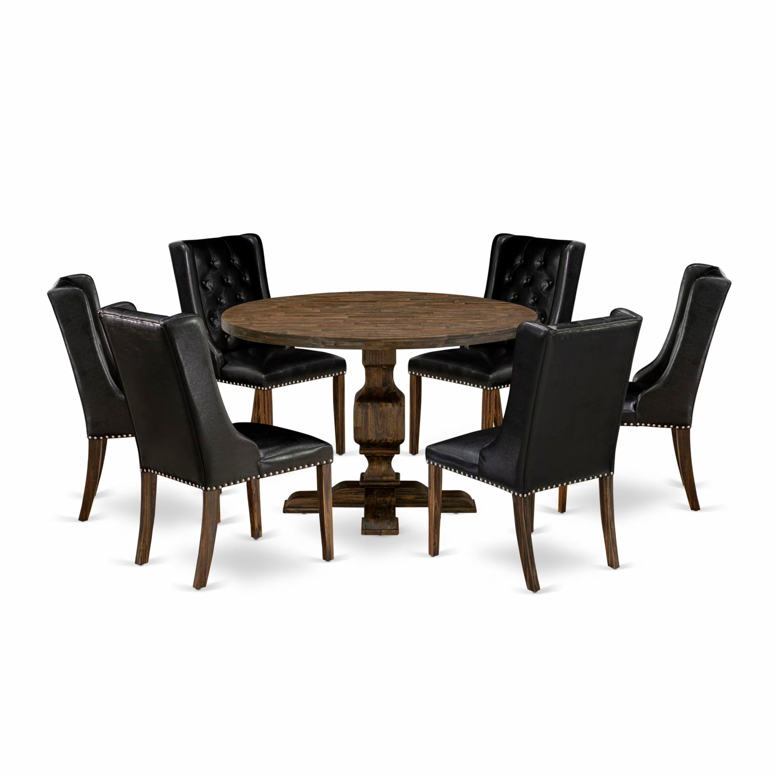 East West Furniture 7 Piece Dining Room Set Includes a Mid Century Modern Dining Table and 6 Black PU Leather Dining Chairs with Button Tufted Back - Distressed Jacobean Finish