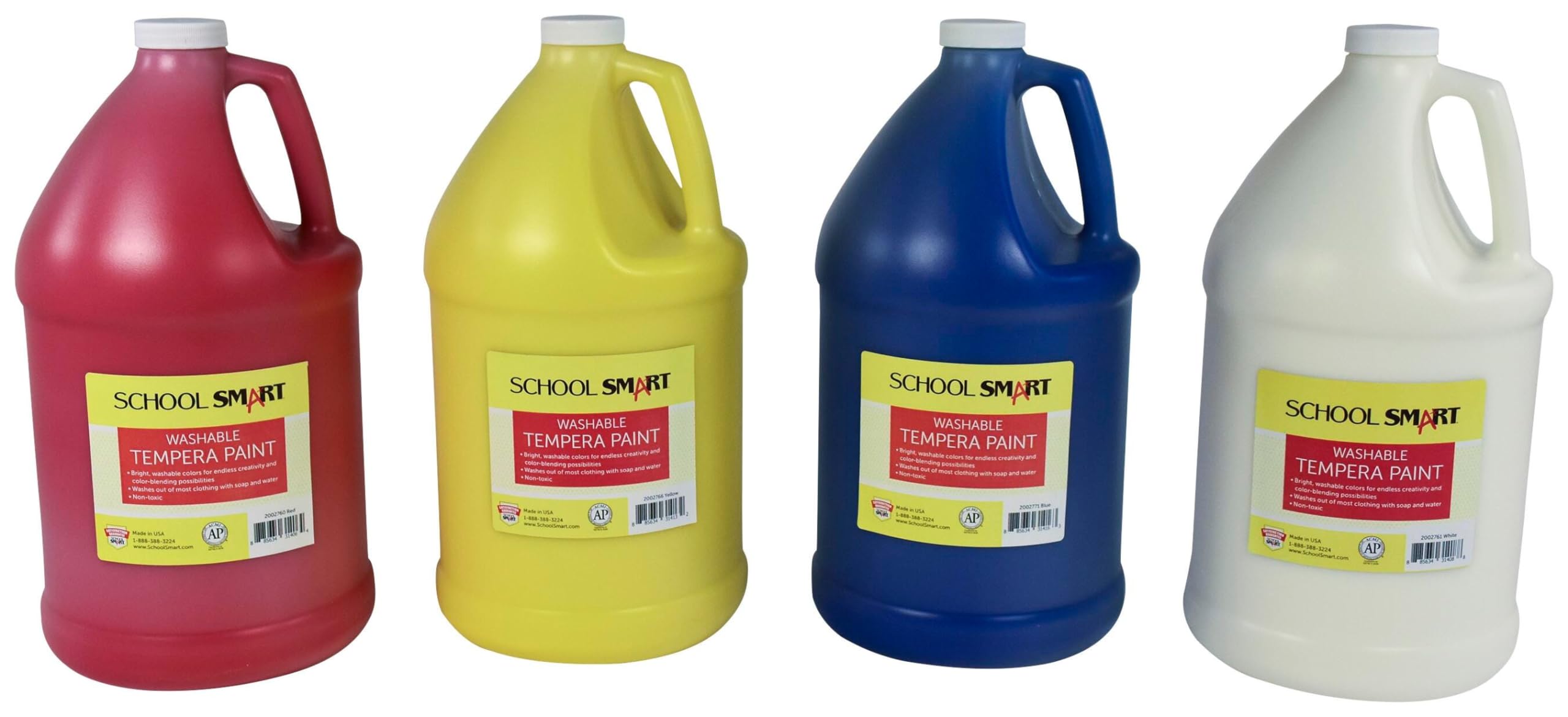 School Smart Washable Tempera Paint Set, Assorted Colors, Gallon Set of 4