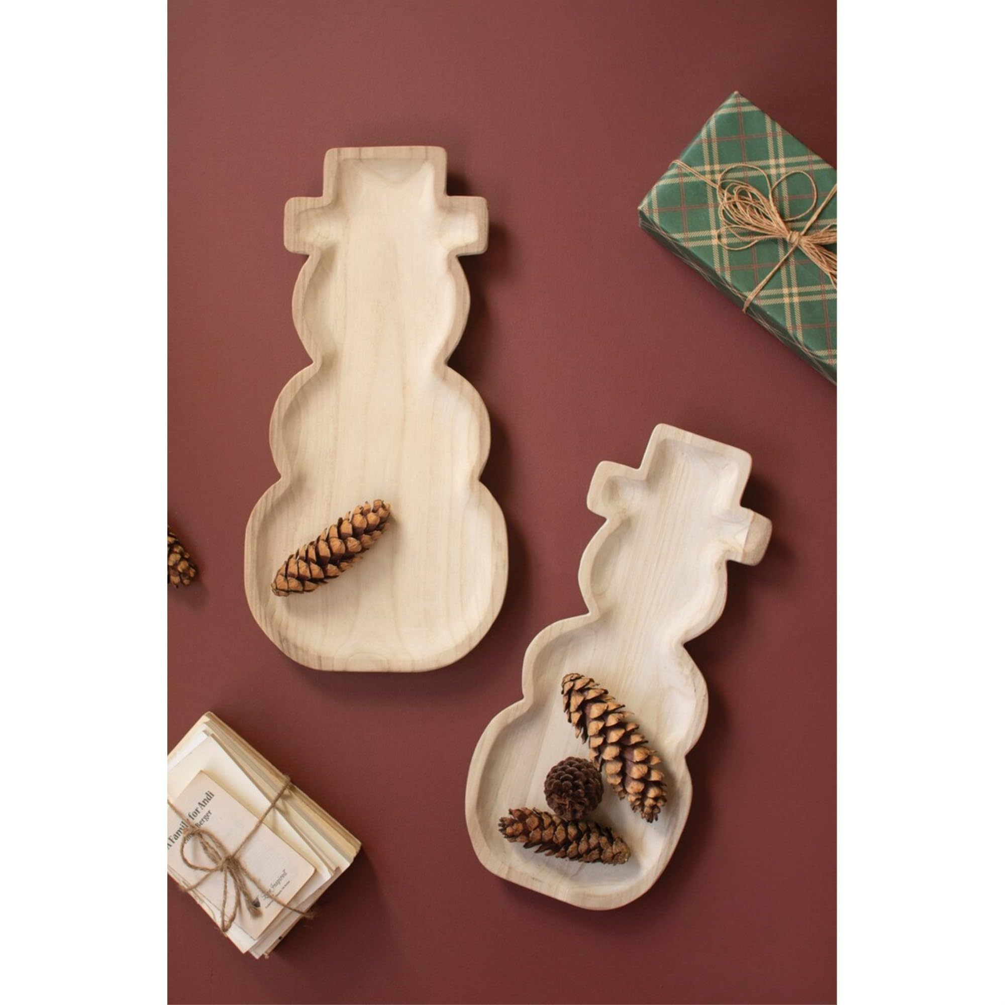SET OF TWO CARVED WOOD SNOWMEN TRAYS