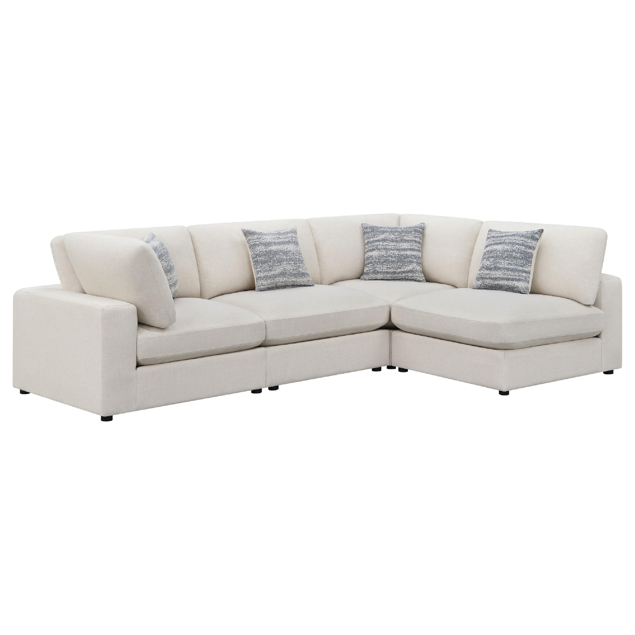 Serena 4pc Modular Sectional Sofa, 4 Accent Pillows, Beige Jacquard