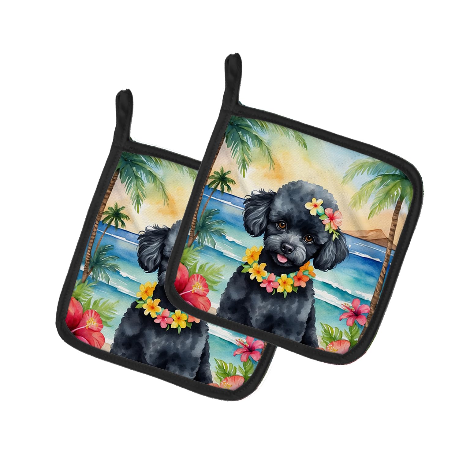 Black Poodle Luau Pair of Pot Holders