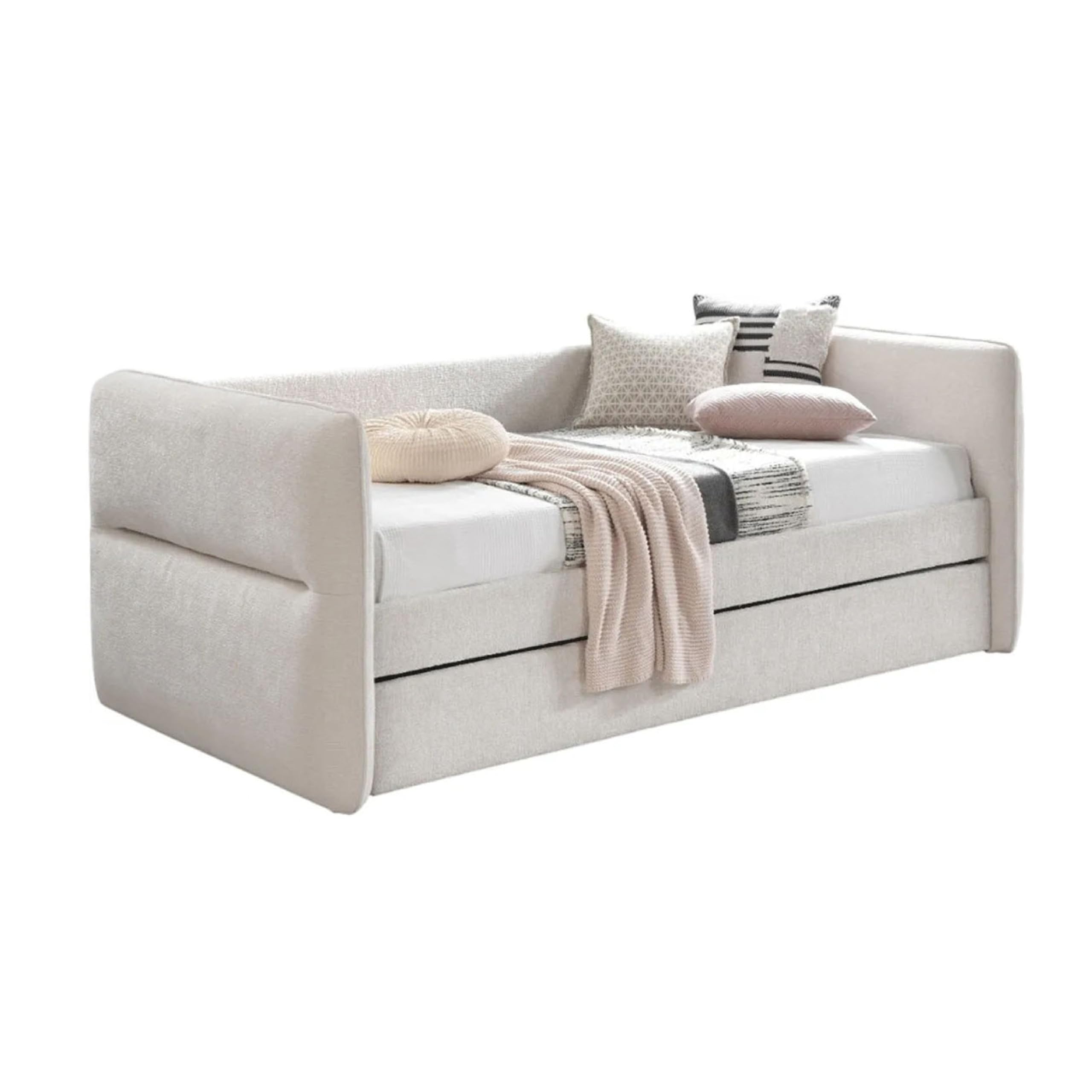 Wemy Daybed w Pull Out Trundle, Modern Ivory Chenille Upholstery
