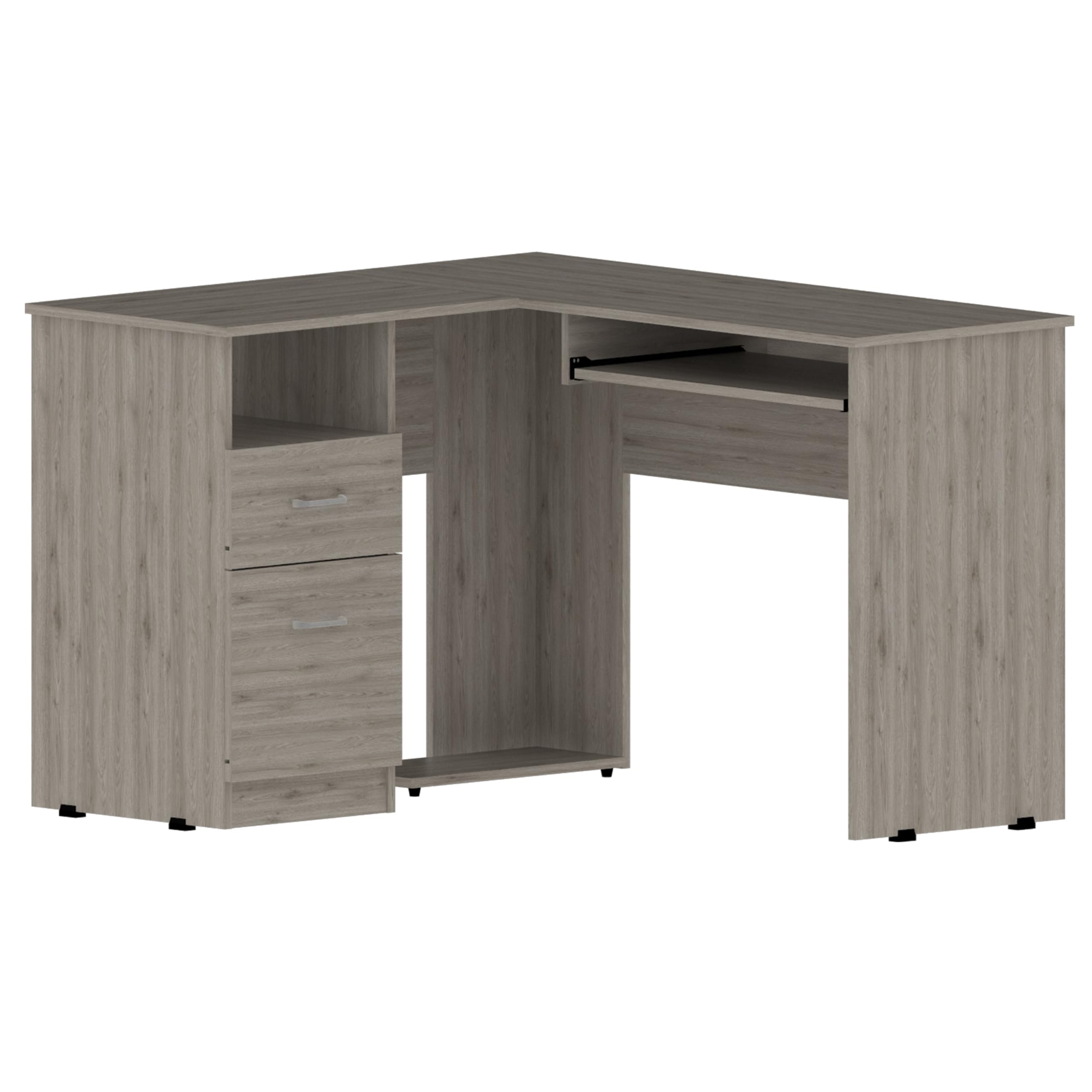 TUHOME Mix L-Shaped Desk, Countertop Desk, Flexible Shelf For Keyboard, Two Drawers, One Open Shelf, Light Oak, For Office