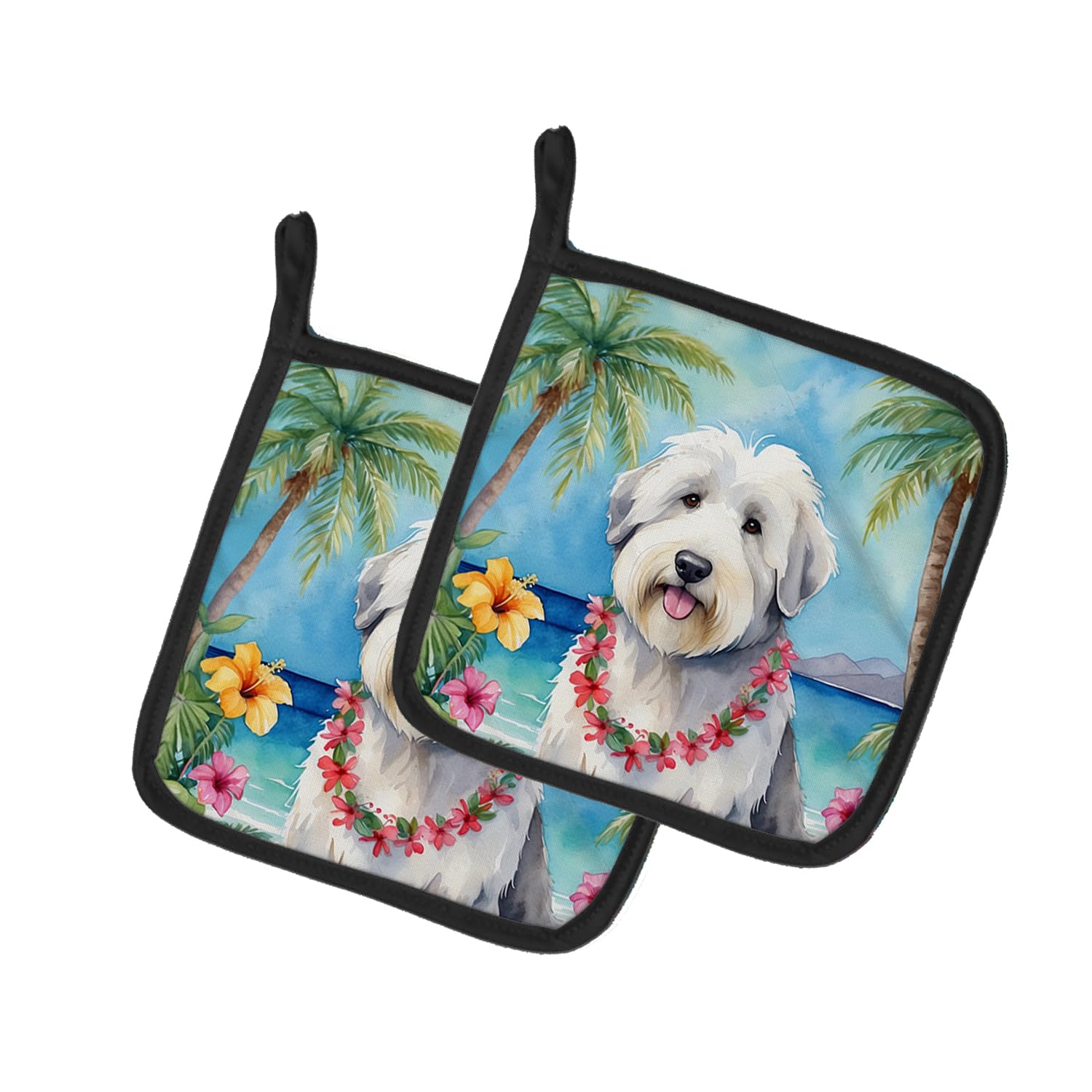 Old English Sheepdog Luau Pair of Pot Holders
