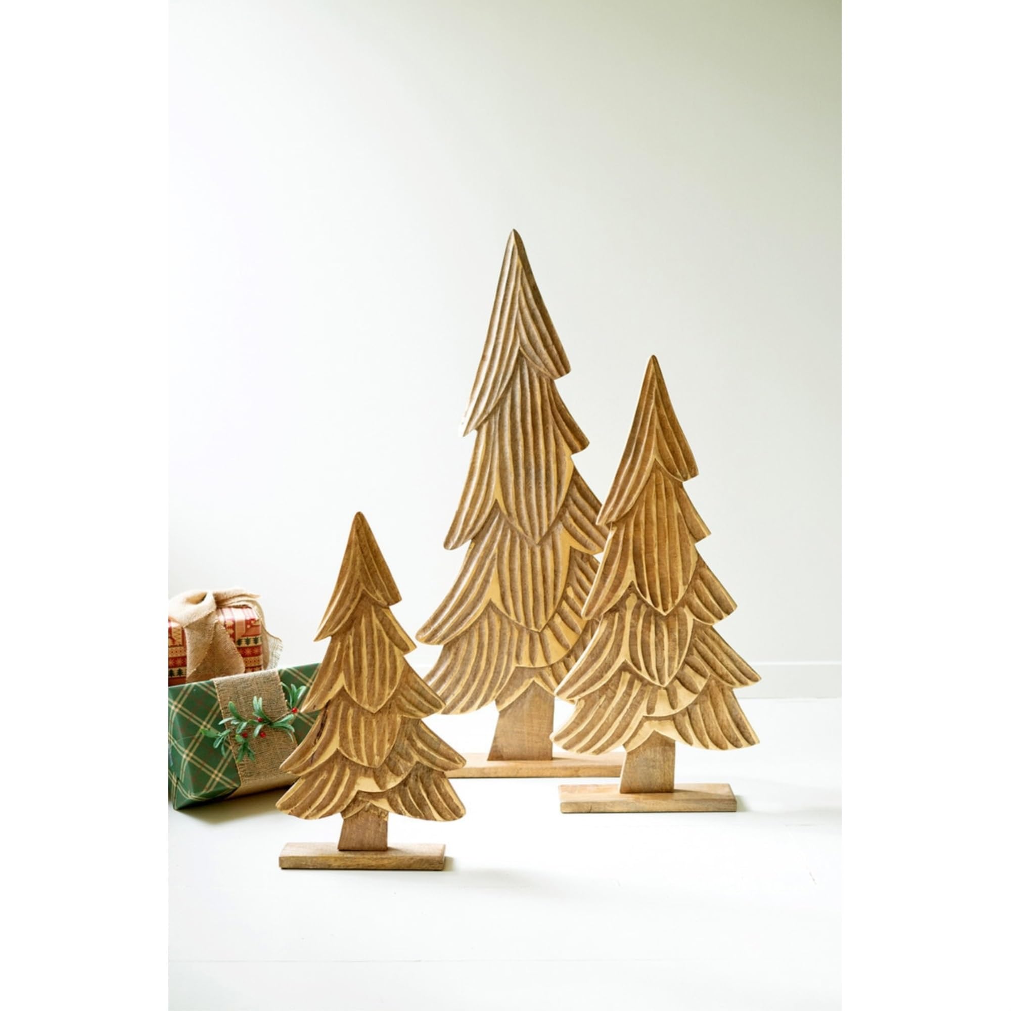 Set Of Three Carved Wooden Christmas Trees On Bases - Natural With Gold Detail