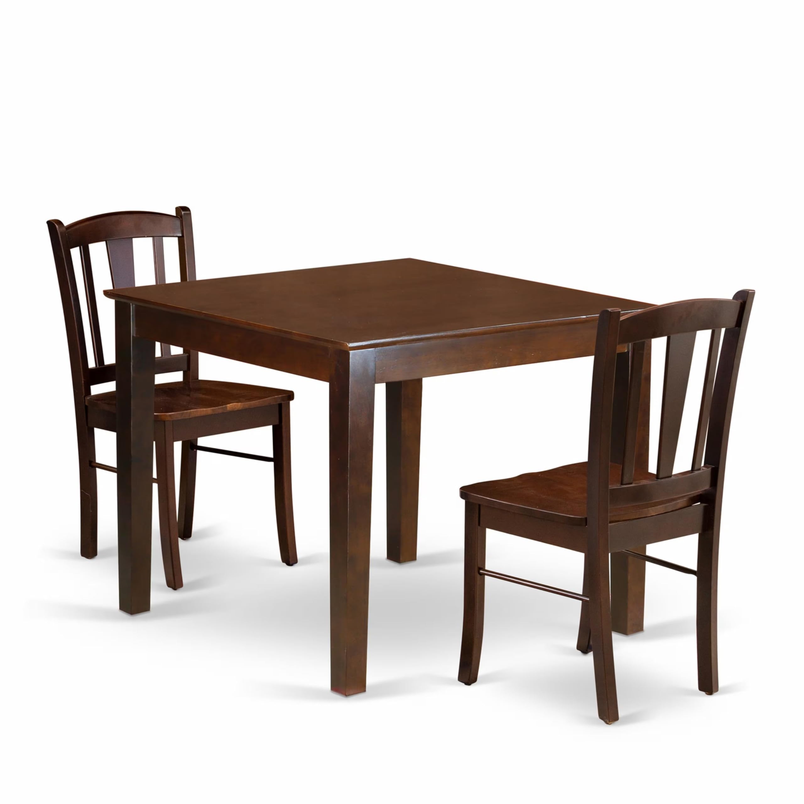 OXDL3-MAH-W - 3-Pc Dining Room Table Set- 2 Wooden Chair and Kitchen Dining Table - Wooden Seat and Slatted Chair Back - Mahogany Finish