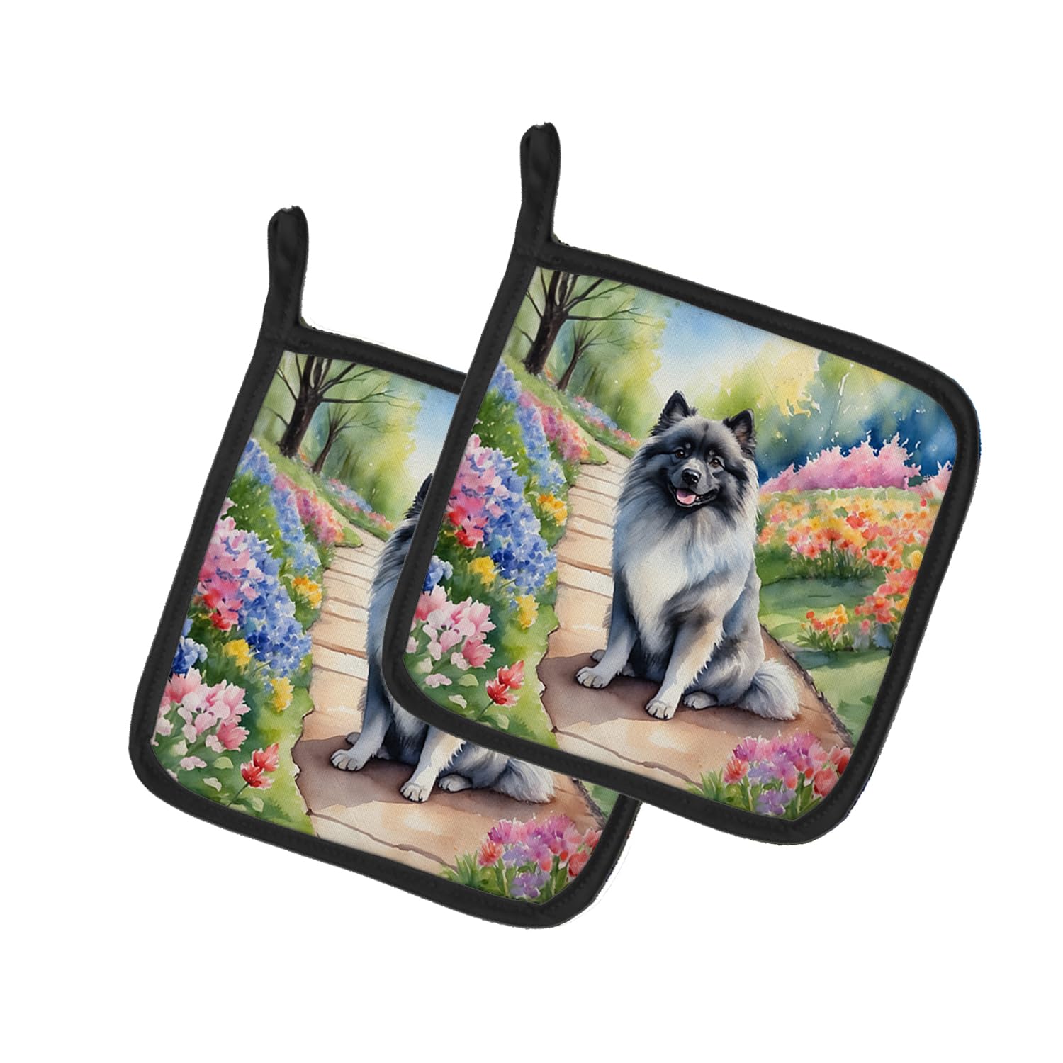 Keeshond Spring Path Pair of Pot Holders