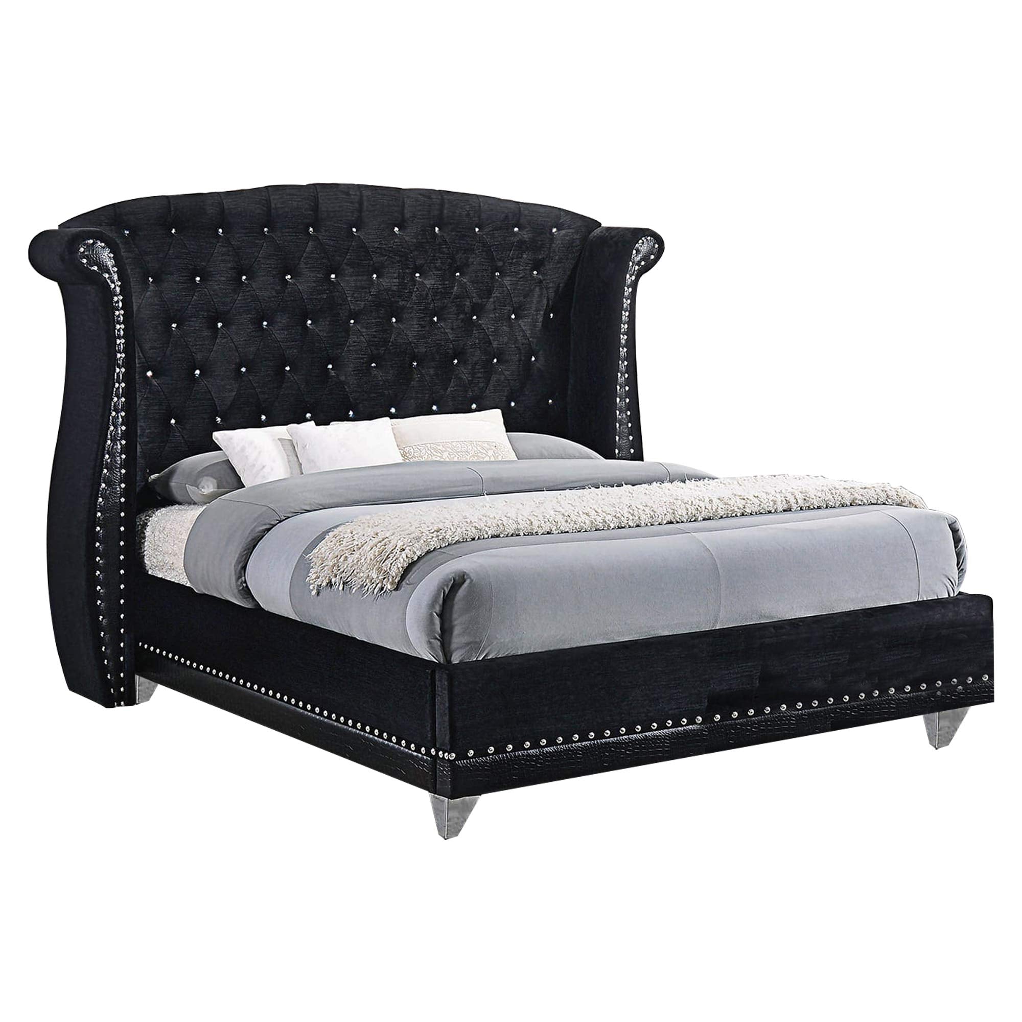 Velvet Upholstered Wooden Queen Size Bed with Shelter Style Headboard,Black