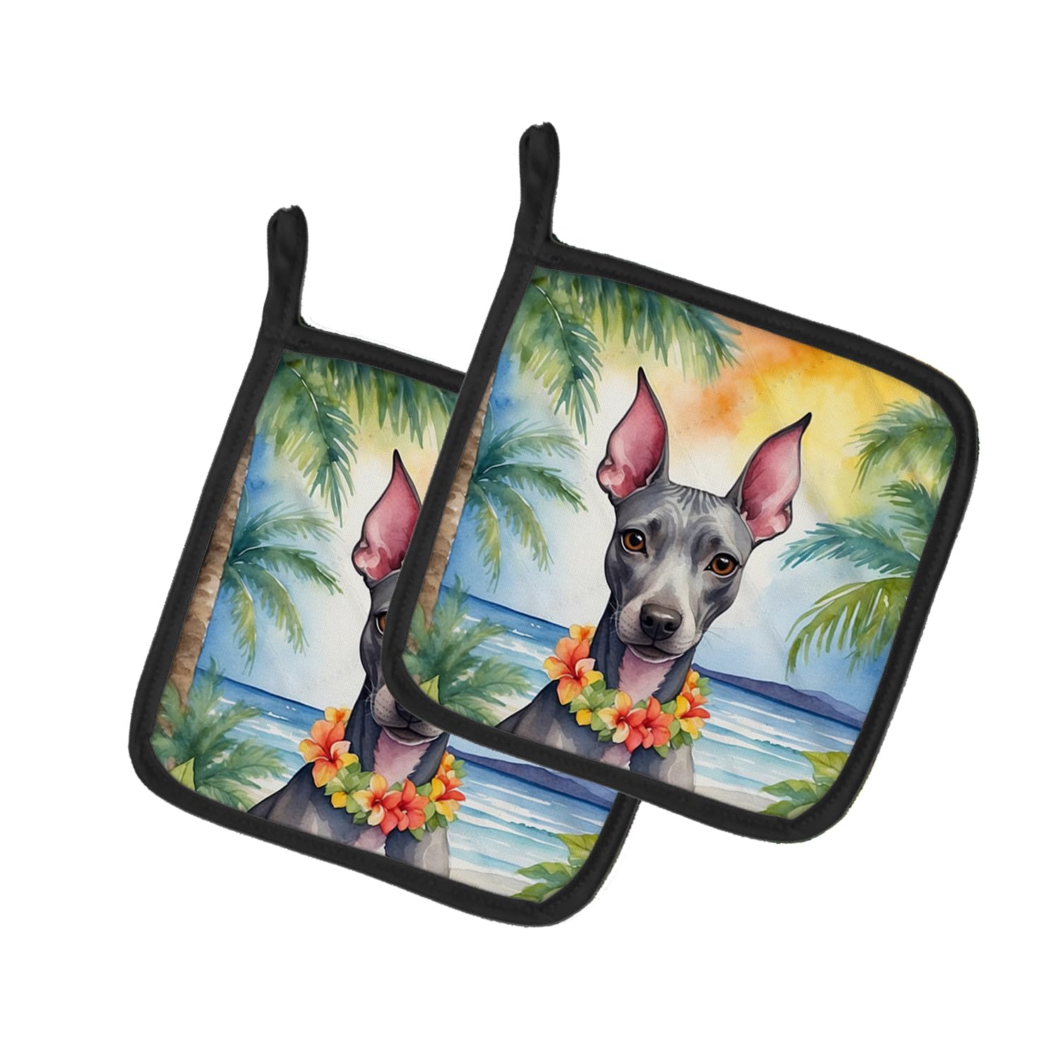 American Hairless Terrier Luau Pair of Pot Holders