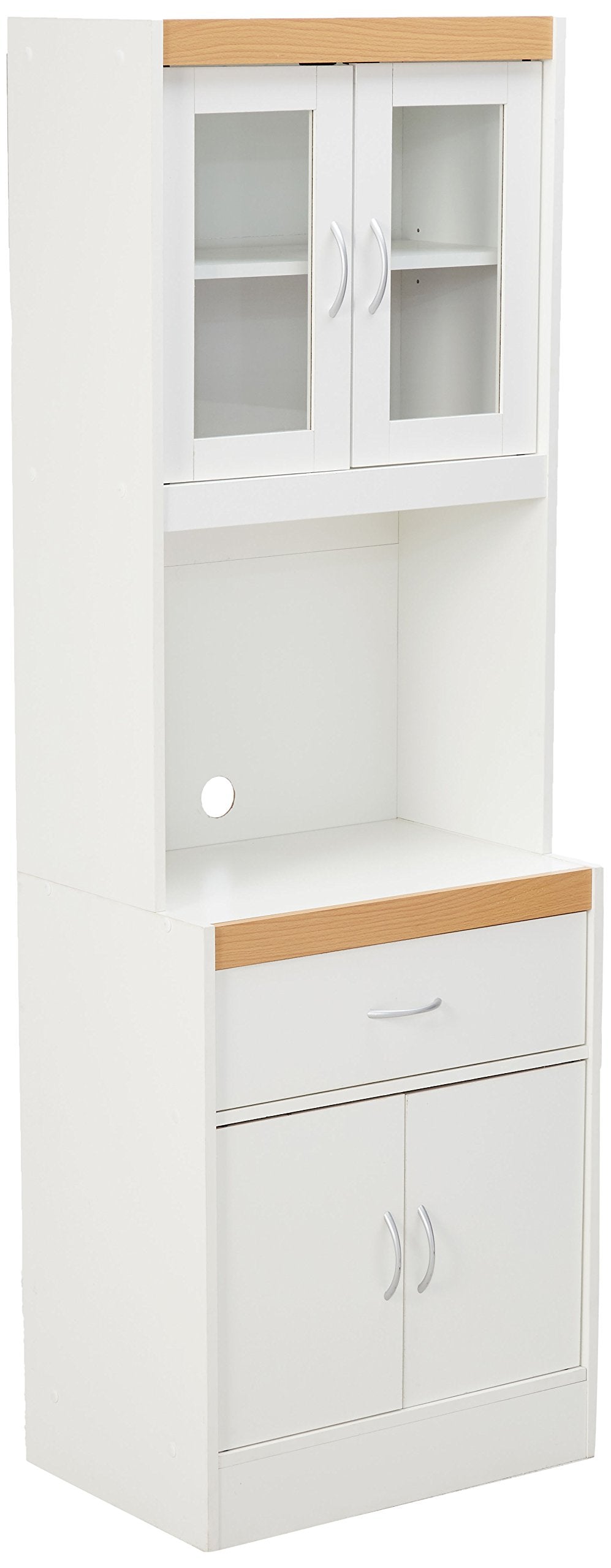 Hodedah Long Standing Kitchen Cabinet With Top & Bottom Enclosed Cabinet Space, One Drawer, Large Open Space For Microwave, Whit
