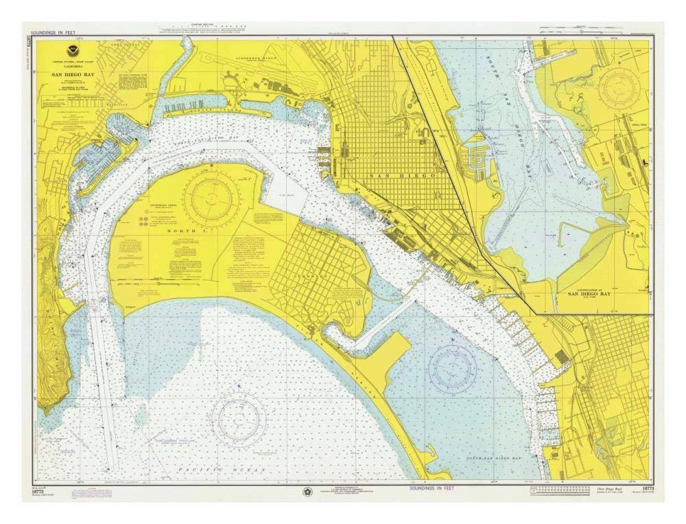 Nautical Chart - San Diego Bay ca. 1974-Paper Art-32x25”