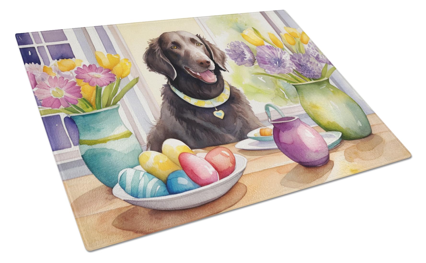 Carolines Treasures DAC6798LCB Decorating Easter Curly-Coated Retriever Glass Cutting Board Decorative Tempered Glass Kitchen Cutting and Serving Board Large Size Chopping Board