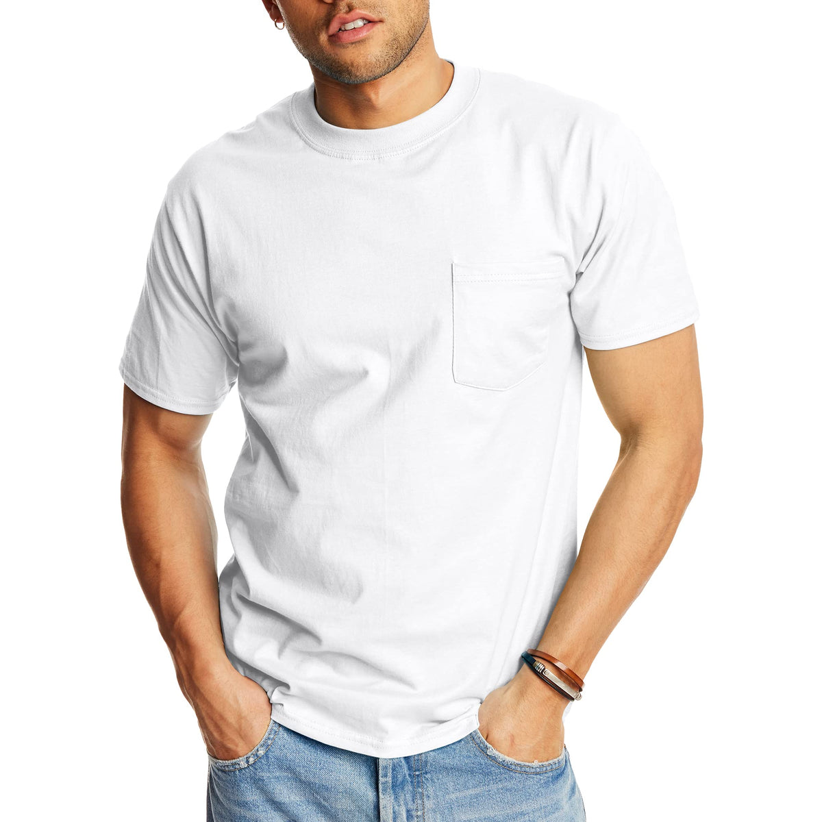 Hanes Mens Short Sleeve Beefy-T With Pocket, White, Small