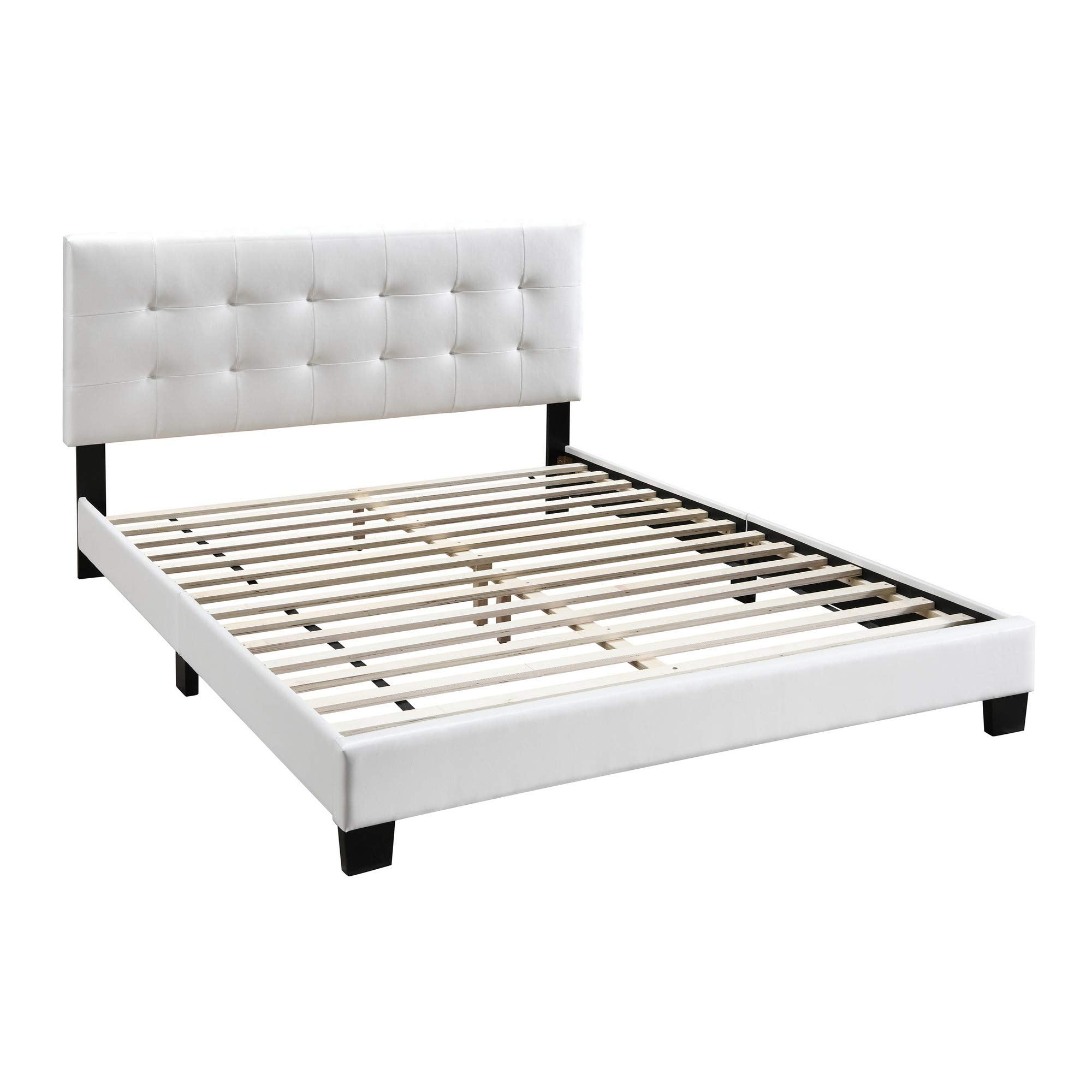 Twin Leatherette Bed with Checkered Tufted Headboard, White